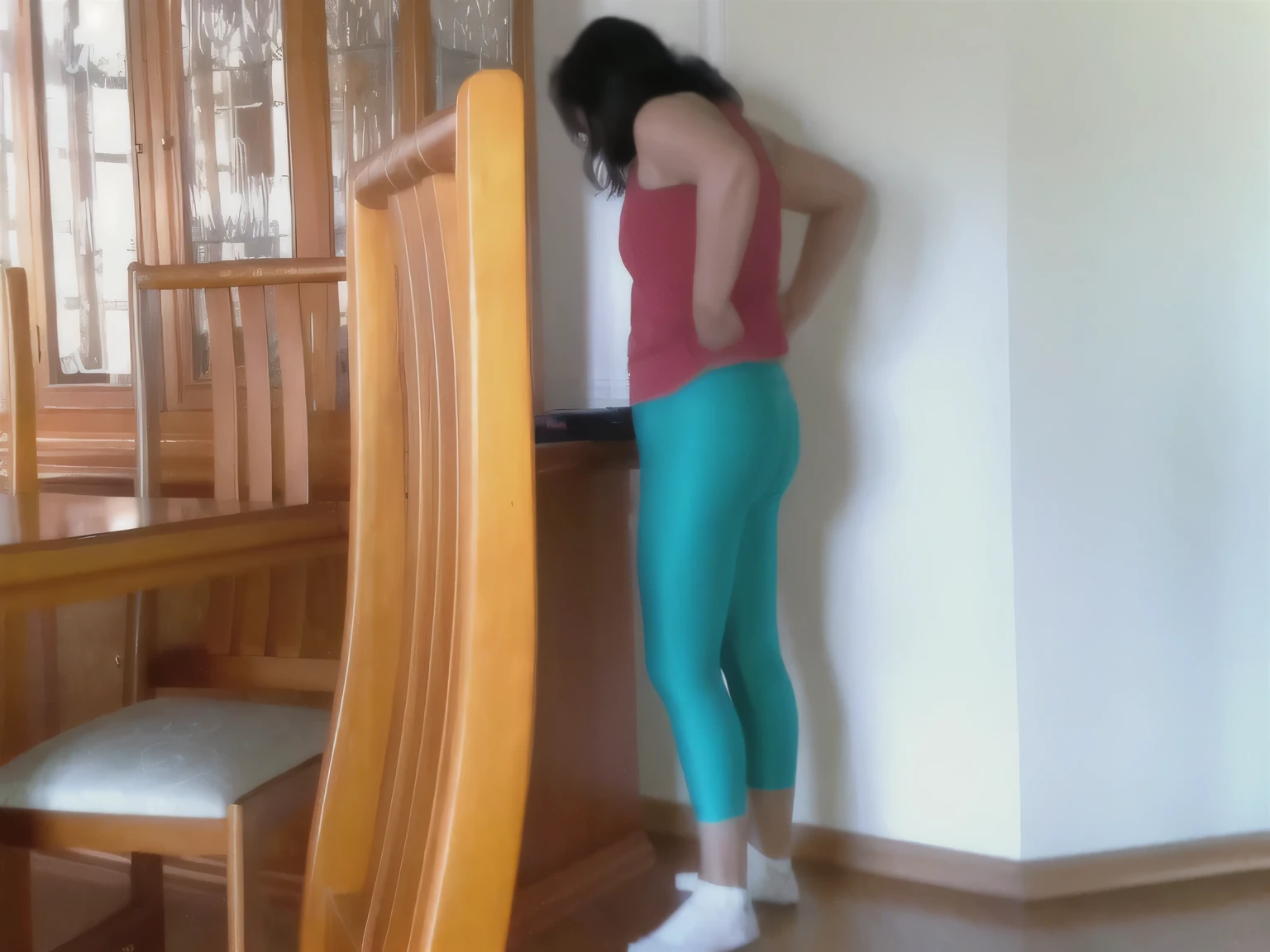 there is a woman standing in front of a wooden table, side view of her taking steps, bend over posture, bent over posture, bending over, bent - over posture, side pose, side shot, somewhat bent over, waist reaching ponytail, side view of a gaunt, back and standing, standing on a desk, side view, posed in profile