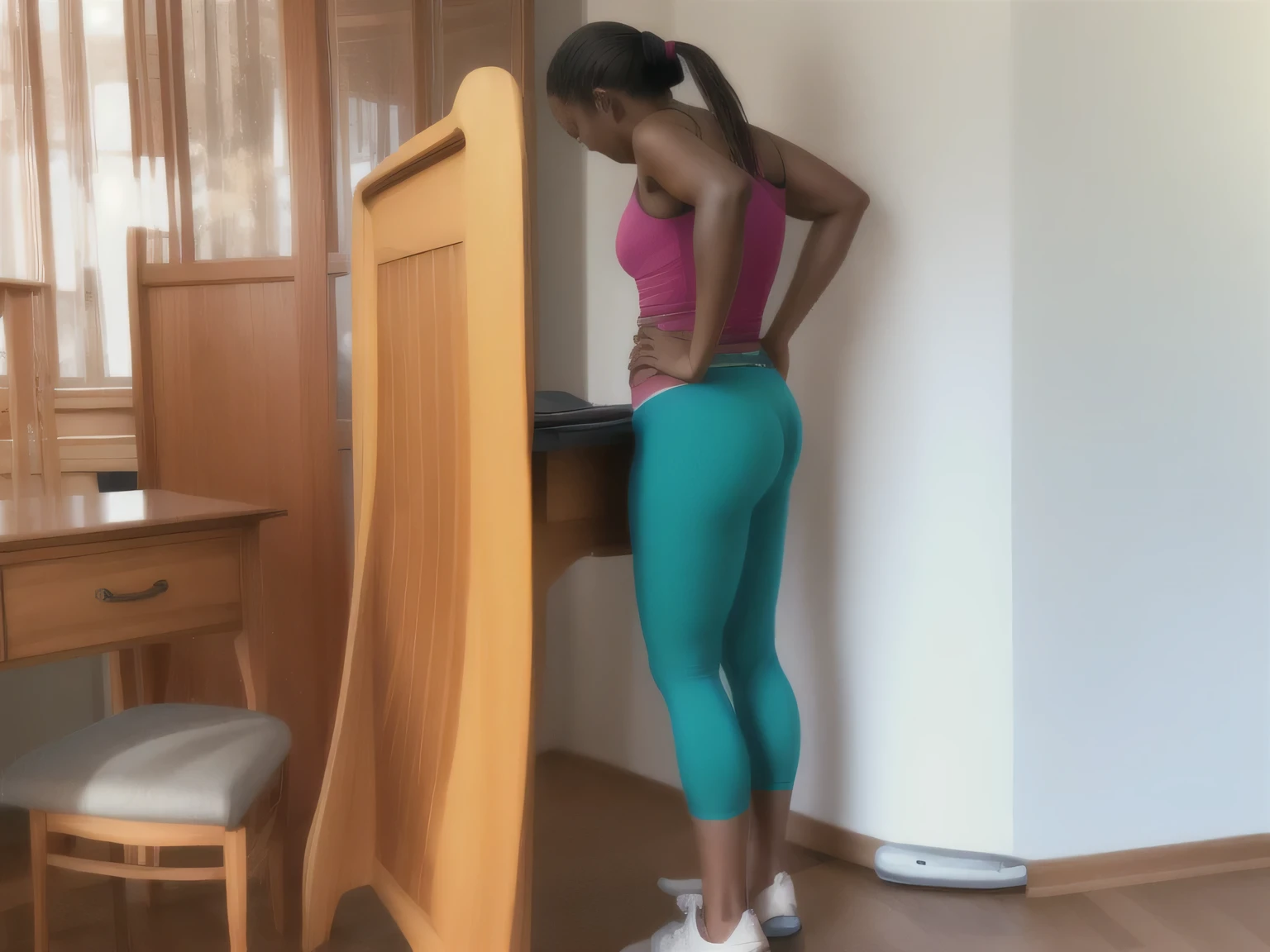 there is a woman standing in front of a wooden table, side view of her taking steps, bend over posture, bent over posture, bending over, bent - over posture, side pose, side shot, somewhat bent over, waist reaching ponytail, side view of a gaunt, back and standing, standing on a desk, side view, posed in profile
