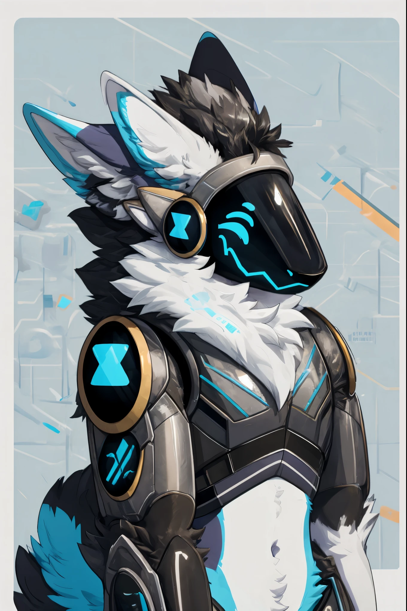 Protogen (with blue lines on his face and technological armor), cauda fofa, masculino, orelhas peludinhas