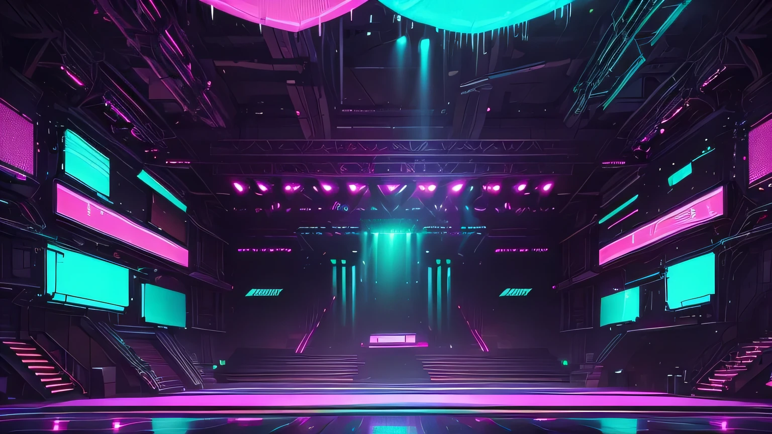 (best quality,highres,masterpiece:1.2),ultra-detailed,realistic,portrait,cyber punk,lush pink and green lights,dark stage,vacant,crowd-less,neon lights,glowing holograms,empty atmosphere,vibrant colors,futuristic music concert,a sense of mystery