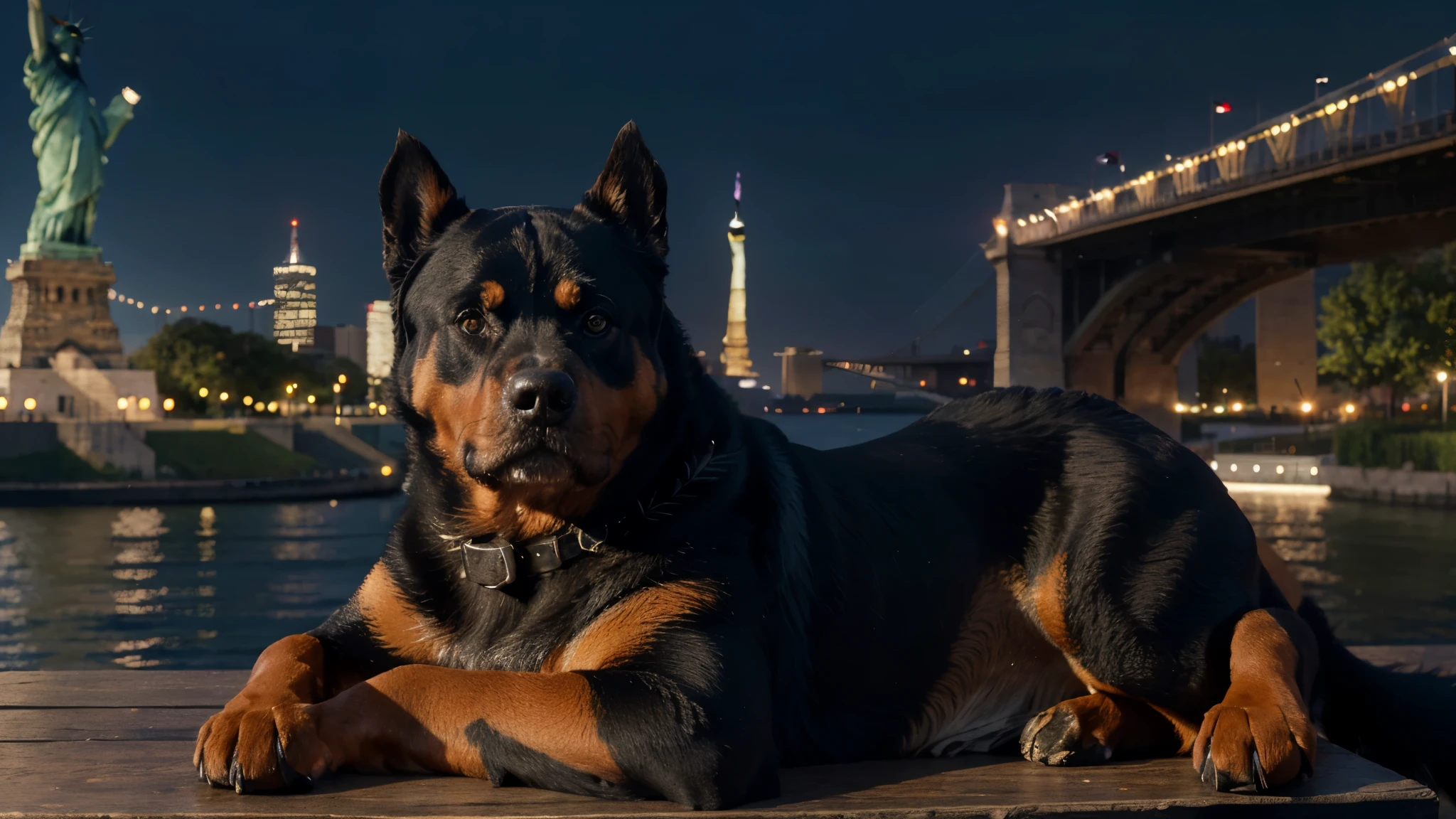 best quality,highres,masterpiece:1.2,ultra-detailed,realistic,physically-based rendering,Rottweiler,detailed eyes and face of the Rottweiler,statue of liberty in the background,vivid colors,sharp focus,studio lighting