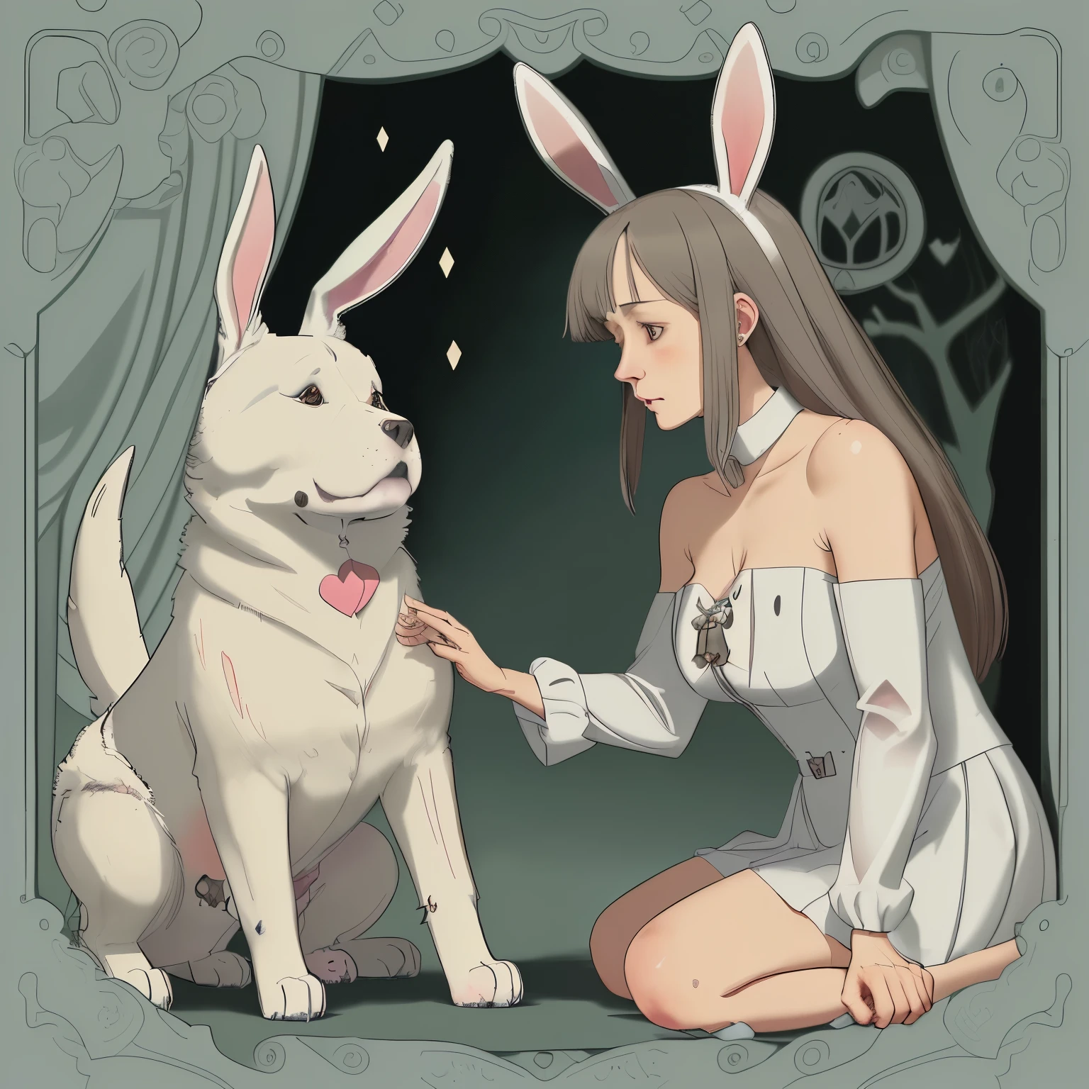(Dog)Bella approaching the trembling bunny, her ears perked up with concern, her gentle demeanor evident as she extends a paw towards the frightened creature, offering comfort and reassurance.