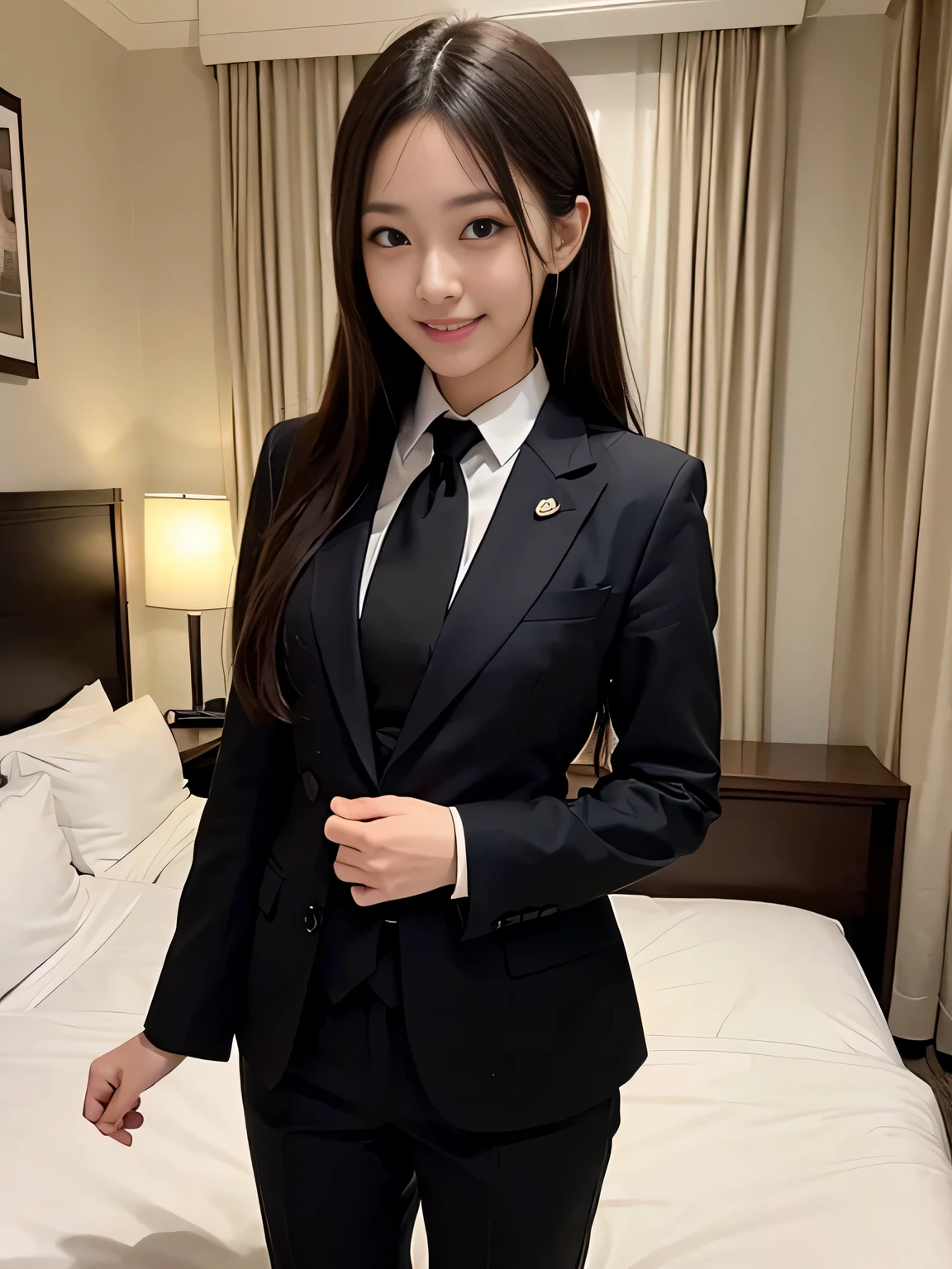 ((masterpiece:1.4))、((muste piece:1.4))、((hotel bedroom:1.4))、A woman with light brown hair is standing in a hotel bedroom wearing a short black pleated skirt、((long hair girl:1.4))、very sexy costume, 厳格なWearing a suitいる、Stylish and glamorous cosplay, sexy costume, ファッションWearing a suitいる, Wearing a suit, dressed properly、黒色のタイトなWearing a suitいる, sexy look, suit、黒いWearing a suitいる、黒いWearing a suitいる、((smile:1.4))、