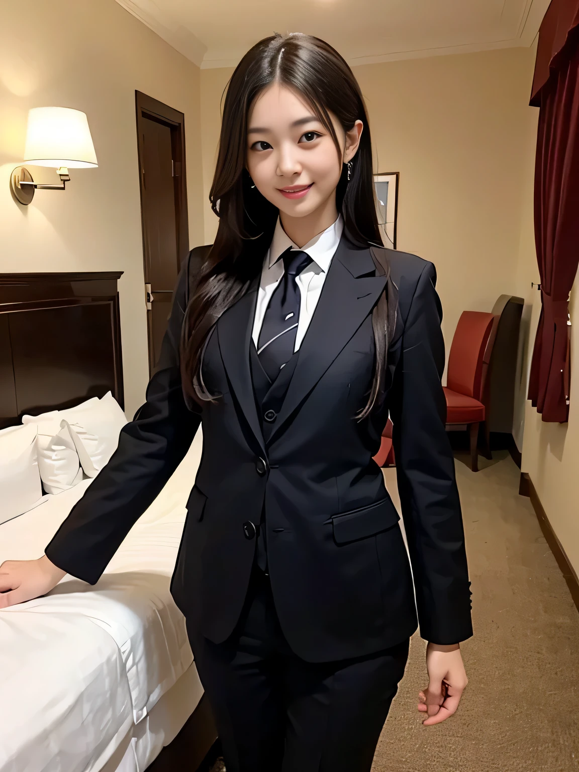 ((masterpiece:1.4))、((muste piece:1.4))、((hotel bedroom:1.4))、A woman with light brown hair is standing in a hotel bedroom wearing a short black pleated skirt、((long hair girl:1.4))、very sexy costume, 厳格なWearing a suitいる、Stylish and glamorous cosplay, sexy costume, ファッションWearing a suitいる, Wearing a suit, dressed properly、黒色のタイトなWearing a suitいる, sexy look, suit、黒いWearing a suitいる、黒いWearing a suitいる、((smile:1.4))、