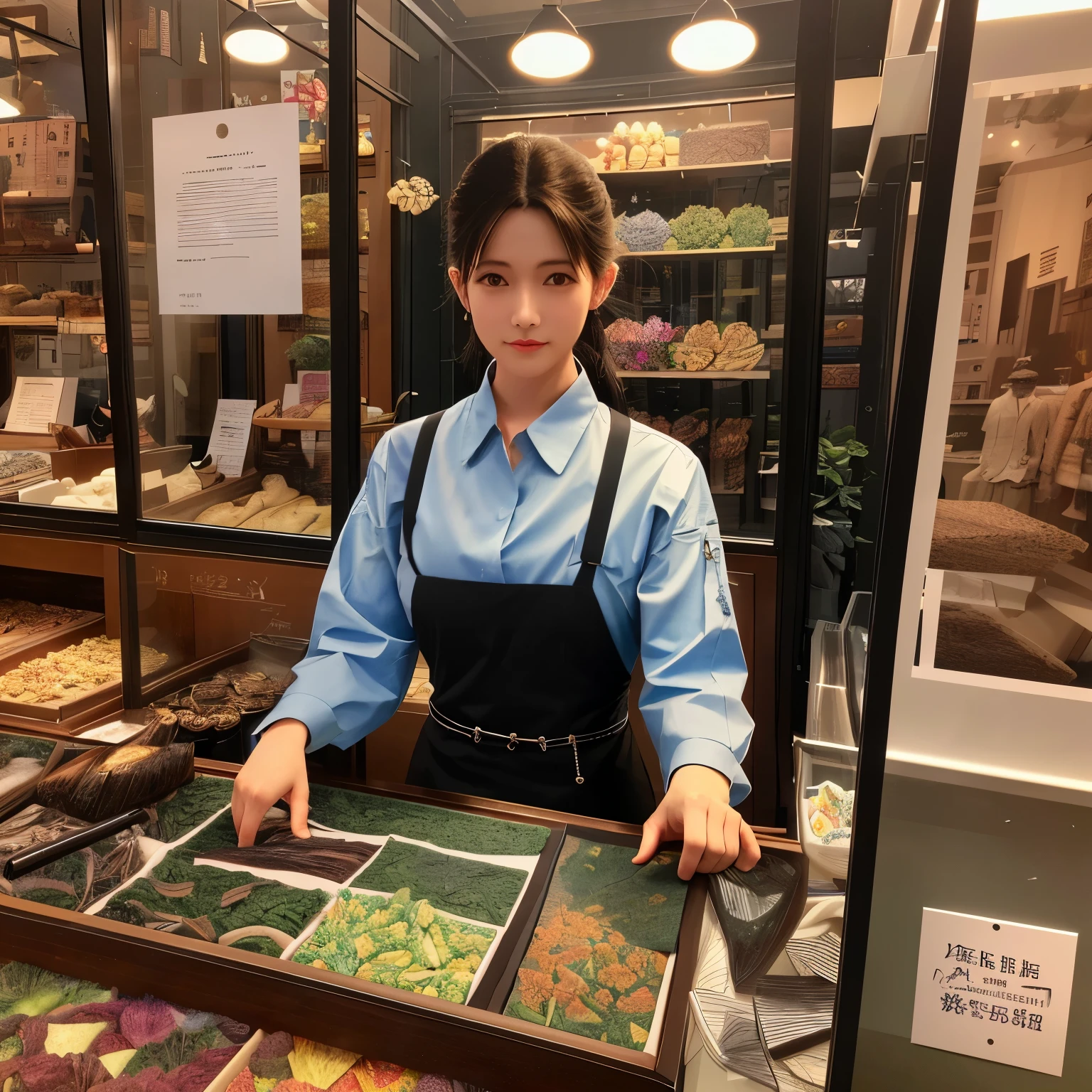 (A highly detailed business stall)、(realistic illustration)、(high resolution image)、(1:1 scale)、(meticulously crafted)、(Best Illustration)、 Professional lighting、(Sharp and clear product displays)、(top-quality texture)、(ultra-detailed)、(tmasterpiece)、(perfect for use as a poster)、(A cluttered and organized scene)、(Business cards and documents neatly arranged)、(Individually designed and crafted each item)、(Realistic shadows and light reflections)、(Highly textured table surface)、(Busy marketplace scene)、(intricately