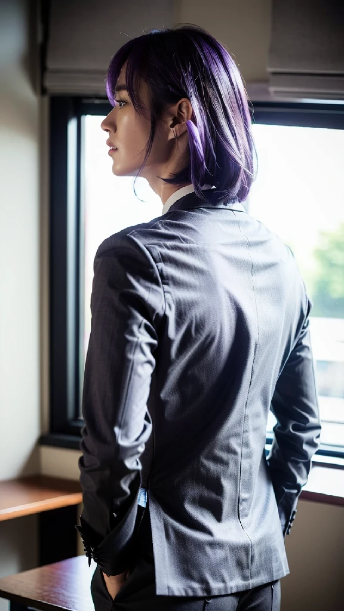 (Best quality, 8k, 32k, Masterpiece, UHD:1.2), boy, handsome Japanese boy, narrow waist, grey shirt, office gentleman, suit, pants, from behind, office room, desk, ( detailed fac, purple hair