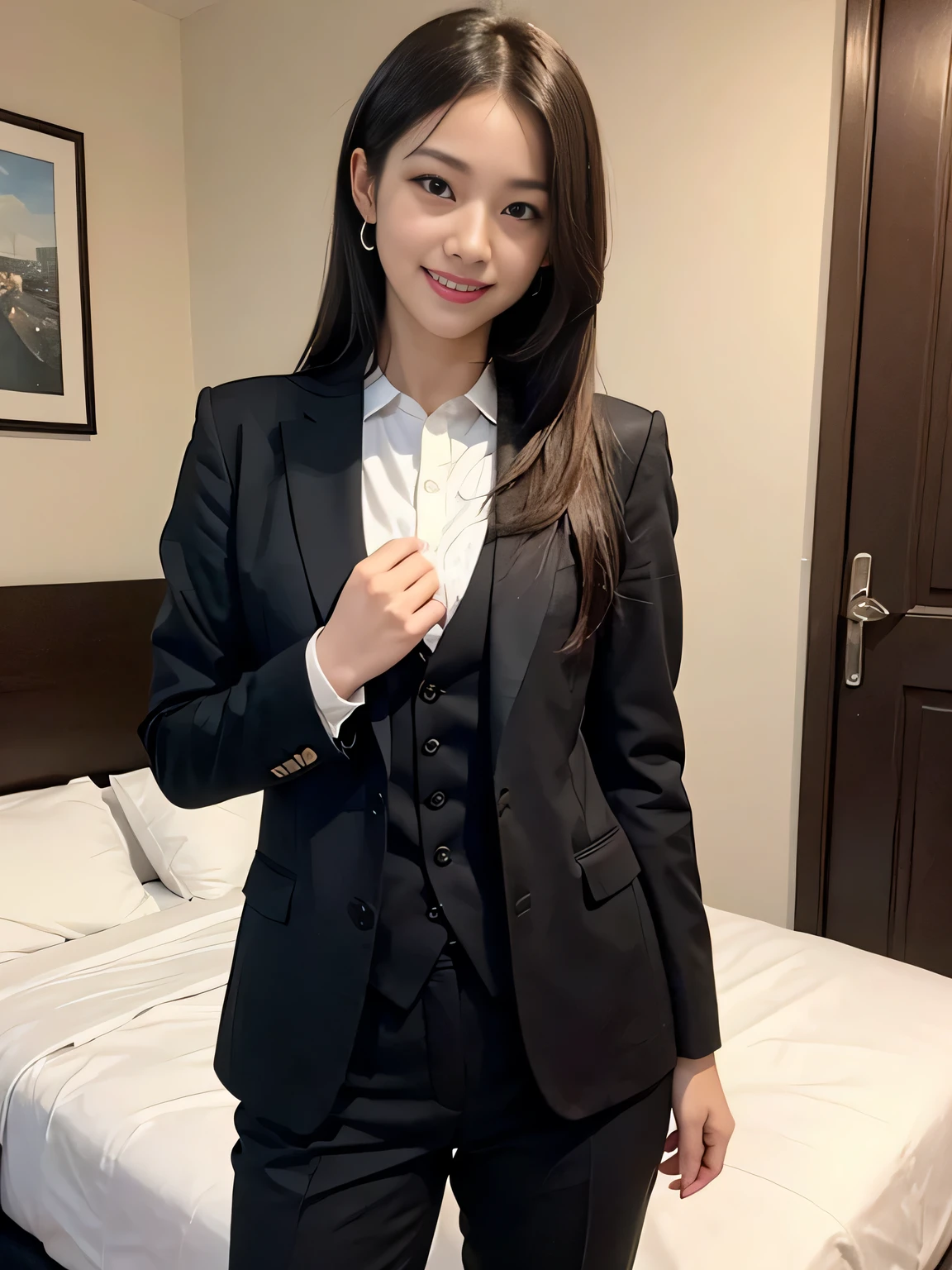 ((masterpiece:1.4))、((muste piece:1.4))、((hotel bedroom:1.4))、A woman with light brown hair is standing in a hotel bedroom wearing a short black pleated skirt、((long hair girl:1.4))、very sexy costume, 厳格なWearing a suitいる、Stylish and glamorous cosplay, sexy costume, ファッションWearing a suitいる, Wearing a suit, dressed properly、黒色のタイトなWearing a suitいる, sexy look, suit、黒いWearing a suitいる、黒いWearing a suitいる、((smile:1.4))、