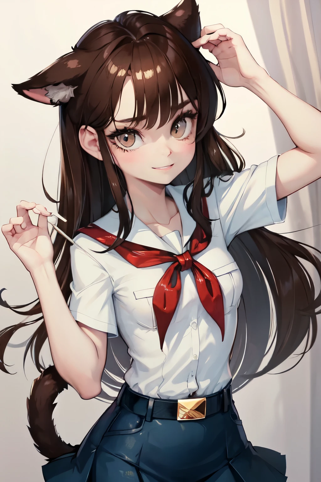 very young slim fit girl, at full height, rounded face, very long disheveled dark brown hair, big brown eyes, shy smile, perfect flat breast, band on head with fake cat ears, parororo, pioneer neckerchief, blue thight microskirt, bangs, shirt, collarbone, white shirt, short sleeves, collared shirt, belt, neckerchief, eyelashes, red neckerchief, breast pocket 