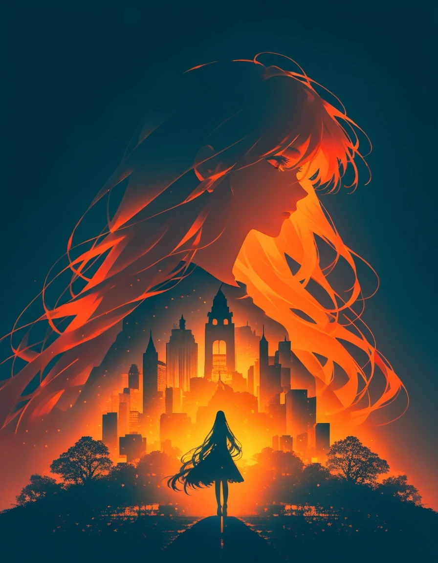 cover design，“wind”，&quot;The movie Gone with the Wind&quot; main character&#39;s shadow is projected on the ground，extra long hair，double exposure，blue，Orange