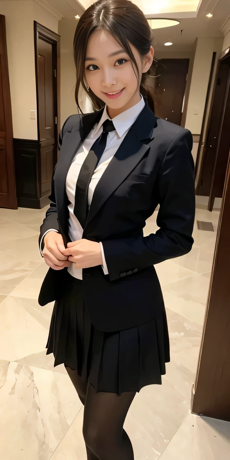 ((masterpiece:1.4))、((muste piece:1.4))、A woman with light brown hair is standing in a hotel lobby wearing a short black pleated skirt、very sexy costume, 厳格なWearing a suitいる、Stylish and glamorous cosplay, sexy costume, ファッションWearing a suitいる, Wearing a suit, dressed properly、黒色のタイトなWearing a suitいる, sexy look, suit、黒いWearing a suitいる、黒いWearing a suitいる、((smile:1.4))、