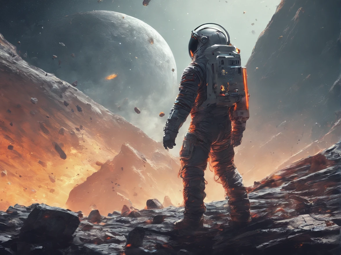 An astronaut stands on the surface of an asteroid, covers himself with his hand, a pickaxe in his hand, small stones fly past, dynamic art