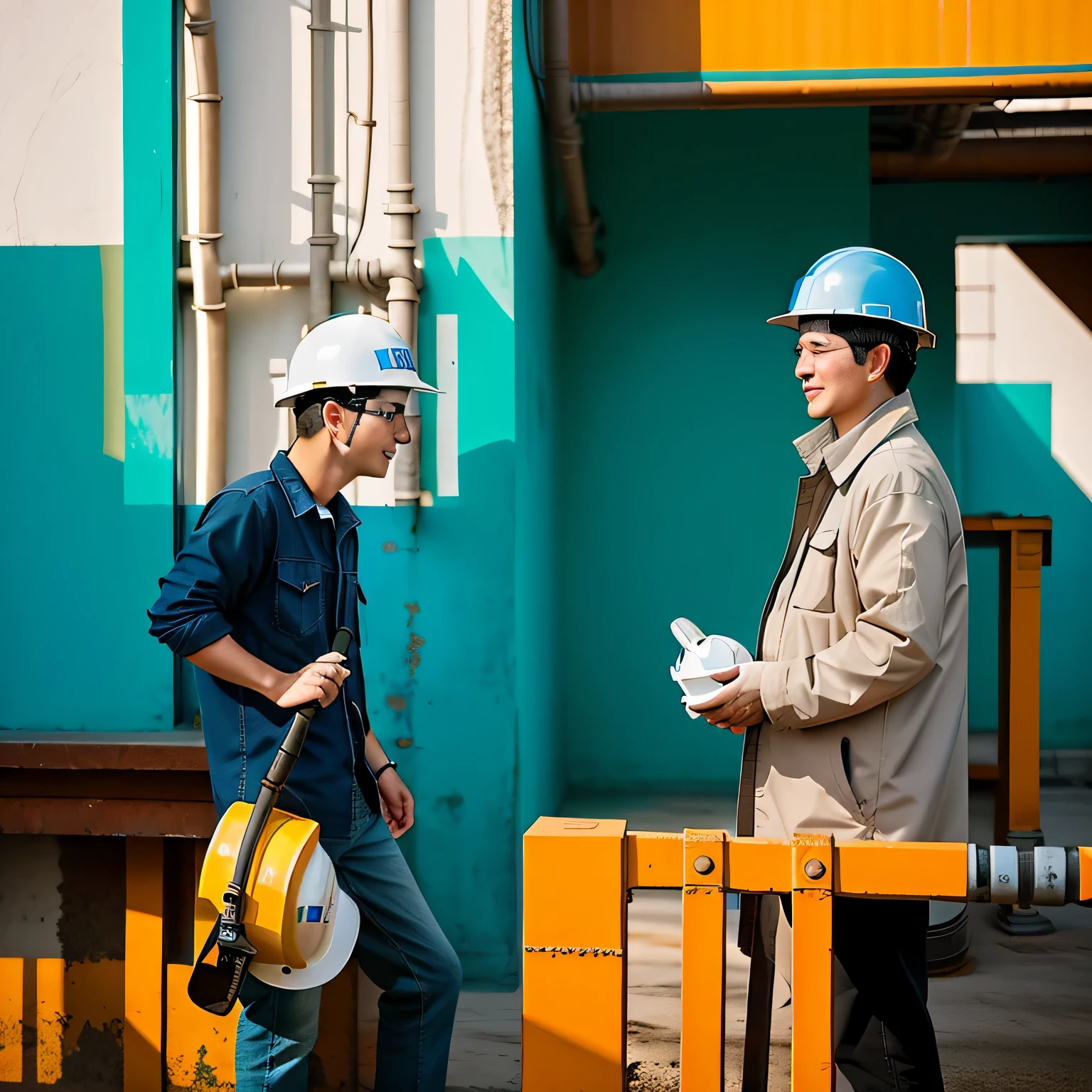 An Alaf man wearing a hard hat stands in front of the wall, Professional profile photo,  professional profile picture, Zhang wei，ssmile，White hard hat，greybackground，well-illuminated