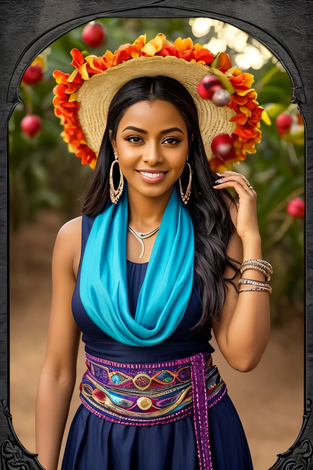 A imagem retrata a Bruxa da Goiabeira como o Louco, An archetype of spontaneity, aventura e liberdade: face expression: A Bruxa da Goiabeira tem um sorriso brilhante e olhos radiantes cheios de curiosidade e entusiasmo, pele clara((pele branca)) e labios rosados. His expression conveys joy and a willingness to explore the unknown. roupa: She wears exuberant and eclectic clothes, refletindo sua natureza livre e despreocupada. Pode ser um vestido colorido com estampas vibrantes, combined with accessories such as scarves, colares ou pulseiras coloridas. magical accessories: The Witch of Guava carries with her a small bag or backpack with magical objects, as potions, Crystals or Tarot. These items represent your connection to the spirit world and your search for wisdom. Postura e movimento: She's in a position of movement, with one foot in the air, prestes a dar um passo adiante. His posture is relaxed and relaxed, mostrando sua coragem em enfrentar o desconhecido. Symbolic Background: The backdrop may include elements of nature, like trees, mountains or an open sky, ressaltando a liberdade e a aventura que acompanham o Louco. brilhante, cores vivas podem ser usadas para transmitir energia e entusiasmo. Use this description as inspiration to create an image of the Guava Witch on the Tarot card "O Louco". Remember to add your own creativity and artistic style to bring the scene to life and capture the essence of the Fool archetype.