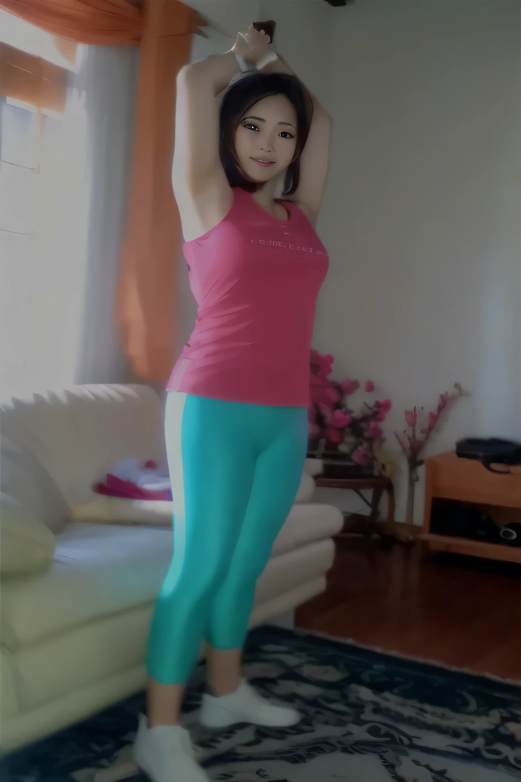 (top-quality、​masterpiece:1.4)、(In the gym)、(morning)、(window)、With one girl、Real and Detailed Skin、1girl in、Light smile、(detaileds:2)(cleavage of the breast:０.8)、(Tank Tops:1.4)、(medium breasts)、White tank top、Light brown ponytail、dishevled hair、(Attention)、Thigh Gaps、cropped pants、s ass、Look at viewerorning)、(detaileds:1.3)、Full body like、age19、Lyn･Ocean