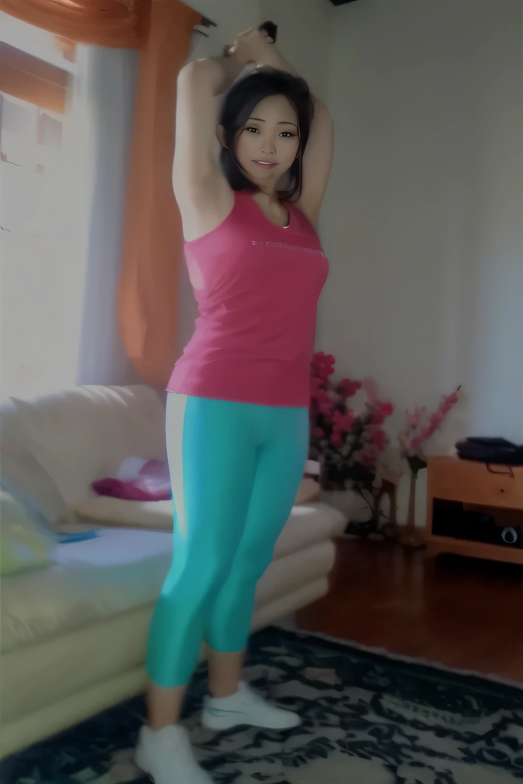 (top-quality、masterpiece:1.4)、(In the gym)、(morning)、(window)、With one girl、Real and Detailed Skin、1girl in、Light smile、(detaileds:2)(cleavage of the breast:0.8)、(Tank Tops:1.4)、(medium breasts)、White tank top、Light brown ponytail、dishevled hair、(Attention)、Thigh Gaps、cropped pants、s ass、Look at viewerorning)、(detaileds:1.3)、Full body like、age19、Lyn・Ocean