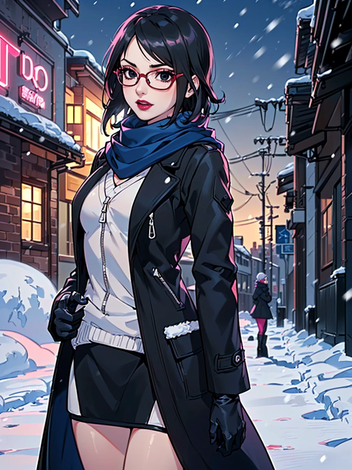 (1girl, solo, alone), (WakatsukiRisa, Sarada Uchiha, black hair, short hair, black eyes, red glasses), ((solo, (1woman, (small bust), pink lipstick, black eyes), Extremely detailed, ambient soft lighting, 4k, perfect eyes, a perfect face, perfect lighting, a 1girl)), ((fitness, muscular, shapely body, athletic body, toned body)), ((seductive look, seducing, sensualizing, excited)), (((emphasis lines:1.3), blue scarf, (long black coat, (closed coat), black coat), black gloves, (outdoors), handheld transceiver, (city), night, cold clothes, ((winter clothes, blue scarf)), snowing))