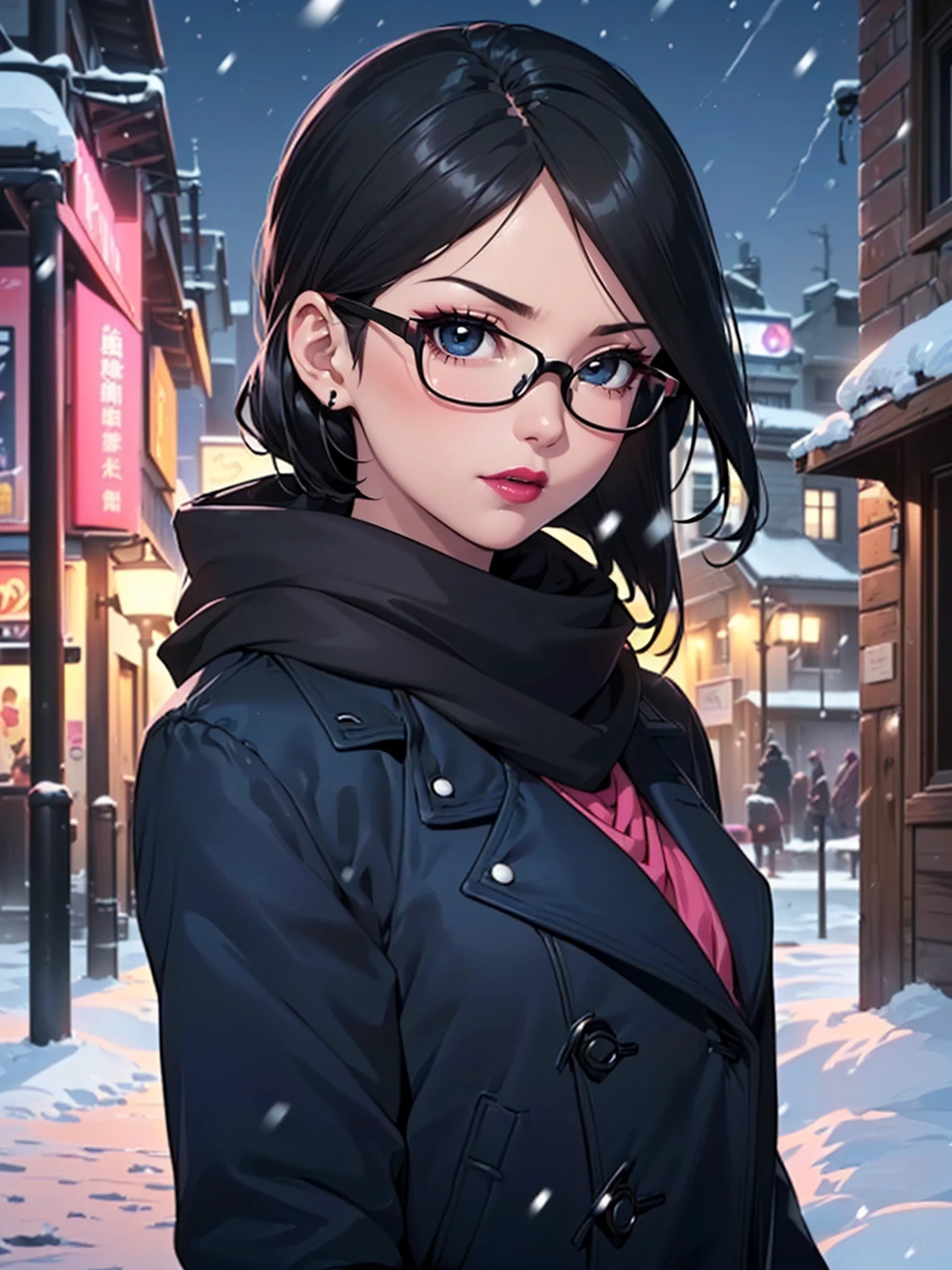 (1girl, solo, alone), (WakatsukiRisa, Sarada Uchiha, black hair, short hair, black eyes, red glasses), ((solo, (1woman, (small bust), pink lipstick, black eyes), Extremely detailed, ambient soft lighting, 4k, perfect eyes, a perfect face, perfect lighting, a 1girl)), ((fitness, muscular, shapely body, athletic body, toned body)), ((seductive look, seducing, sensualizing, excited)), (((emphasis lines:1.3), blue scarf, (long black coat, (closed coat), black coat), black gloves, (outdoors), handheld transceiver, (city), night, cold clothes, ((winter clothes, blue scarf)), snowing))