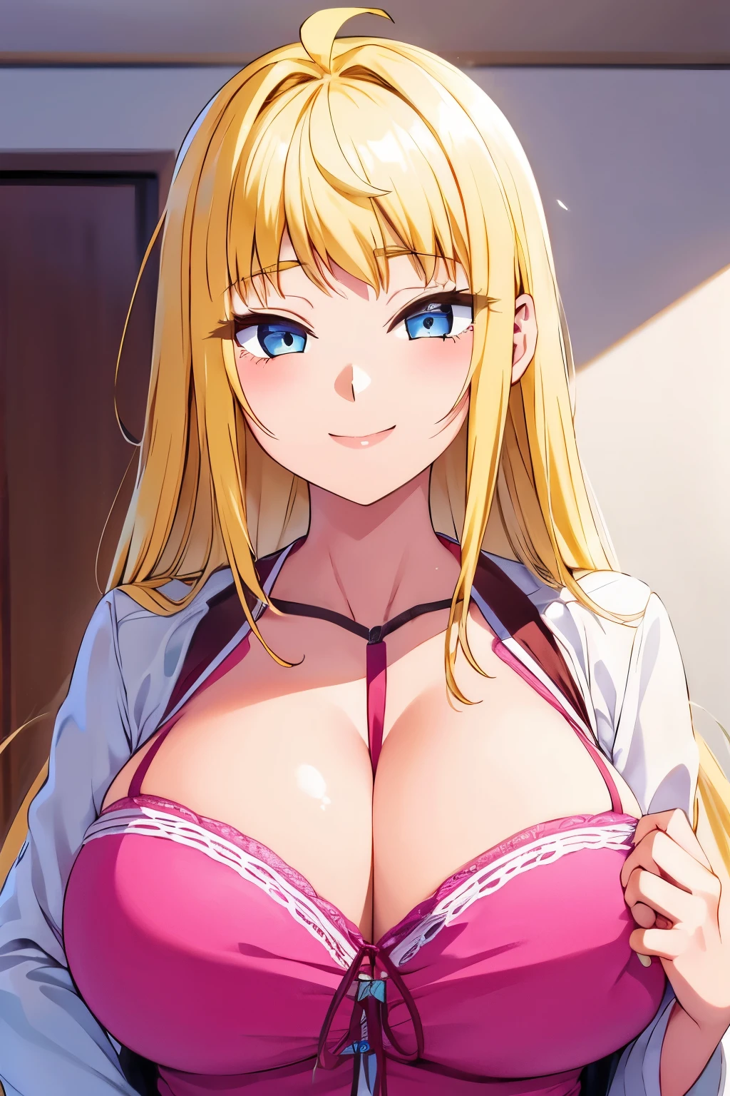 beautiful girl, smile, blonde, ahoge, Hokkaido gal Hanamamenkoi (Fuyuki Minami), light blue nail polish, big breasts, cleavage,