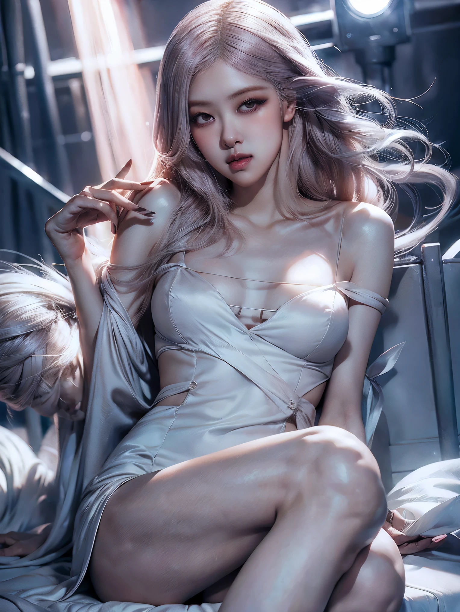 day, Princess of lightness,pink hair,busty,Glamour,Gorgeous,Jewelry,monochromes,goddess,light Fantasy,light Venus,erotic posing,Dynamic Posing,Dramatic,Cinematic,Detailed background,light fantastic view,Best Quality,masutepiece,8K,The ultimate detailed light background, best image quality、RAW photography、超A high resolution、show legs，cropped shoulders，close-up all over the body，Be red in the face，overall look is very erotic。（Hand optimization），（Details are strengthened），（High Picture Quality） An 18-year-old female、Shot for one person only、model shoot、medium breasts、Wearing a white dress、Beautiful Eyes of Details、Very slender eyes、show legs and hip, Beautiful eyelashes、beautiful double eyelid、Very slim physique, Shy, with blush cheeks, 🤍