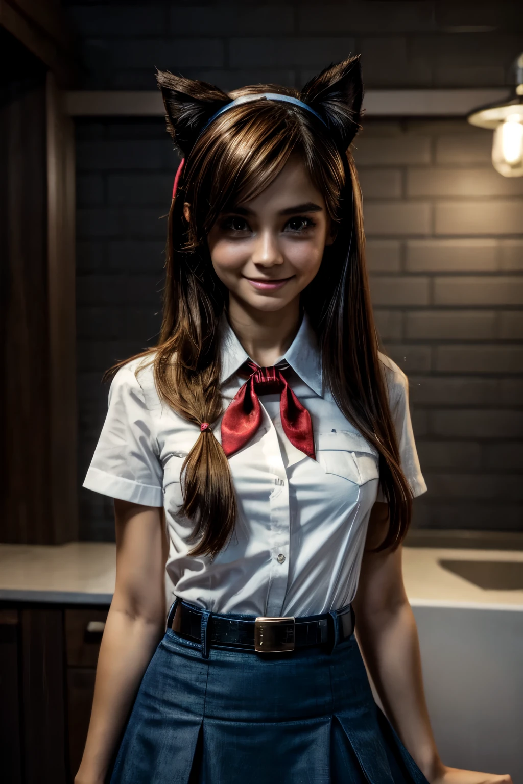 very young slim fit girl, at full height, rounded face, very long disheveled dark brown hair, big brown eyes, shy smile, perfect flat breast, band on head with fake cat ears, parororo, pioneer neckerchief, blue thight microskirt, bangs, shirt, collarbone, white shirt, short sleeves, collared shirt, belt, neckerchief, eyelashes, red neckerchief, breast pocket 