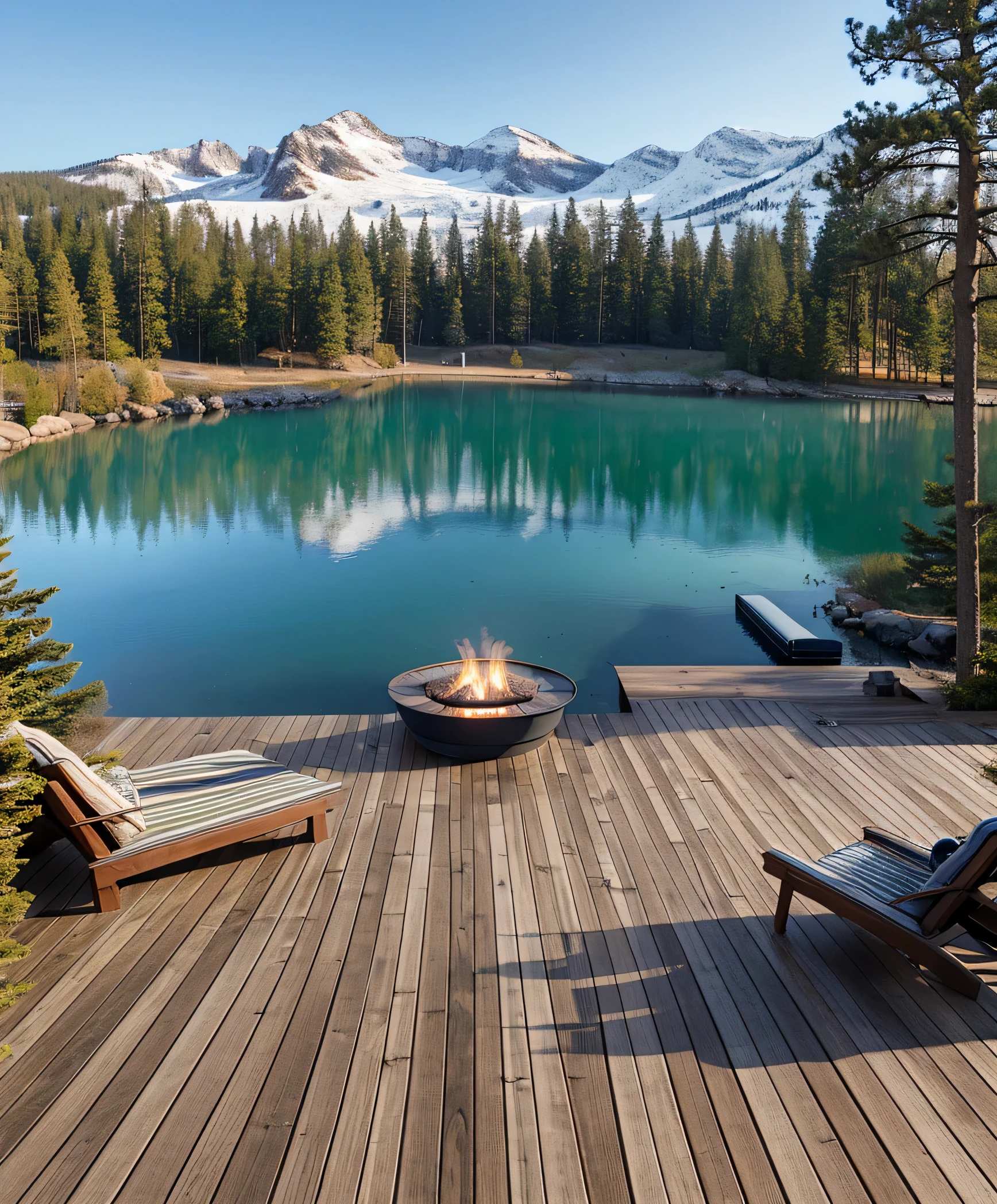 a wooden deck with a firepit, looking over a lake, with comfortable furniture and pillows and blankets, high end furniture, the lake is glass smooth and green, there are snow covered mountains in the distance, the trees are loosing their leaves