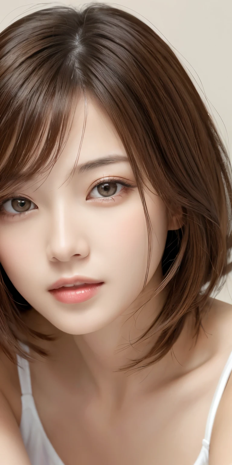 masterpiece、highest quality、High resolution、table top、wallpaper、realistic、bright lighting、professional lighting、face light、smooth lighting、japanese woman、adult、Beautiful woman、action、gravure、sexy、poor、super beautiful、beautiful skin、beautiful and detailed eyes、detailed face、slim、moderately、short hair、brunette colored hair、brown eyes、look at the camera、i have lemon