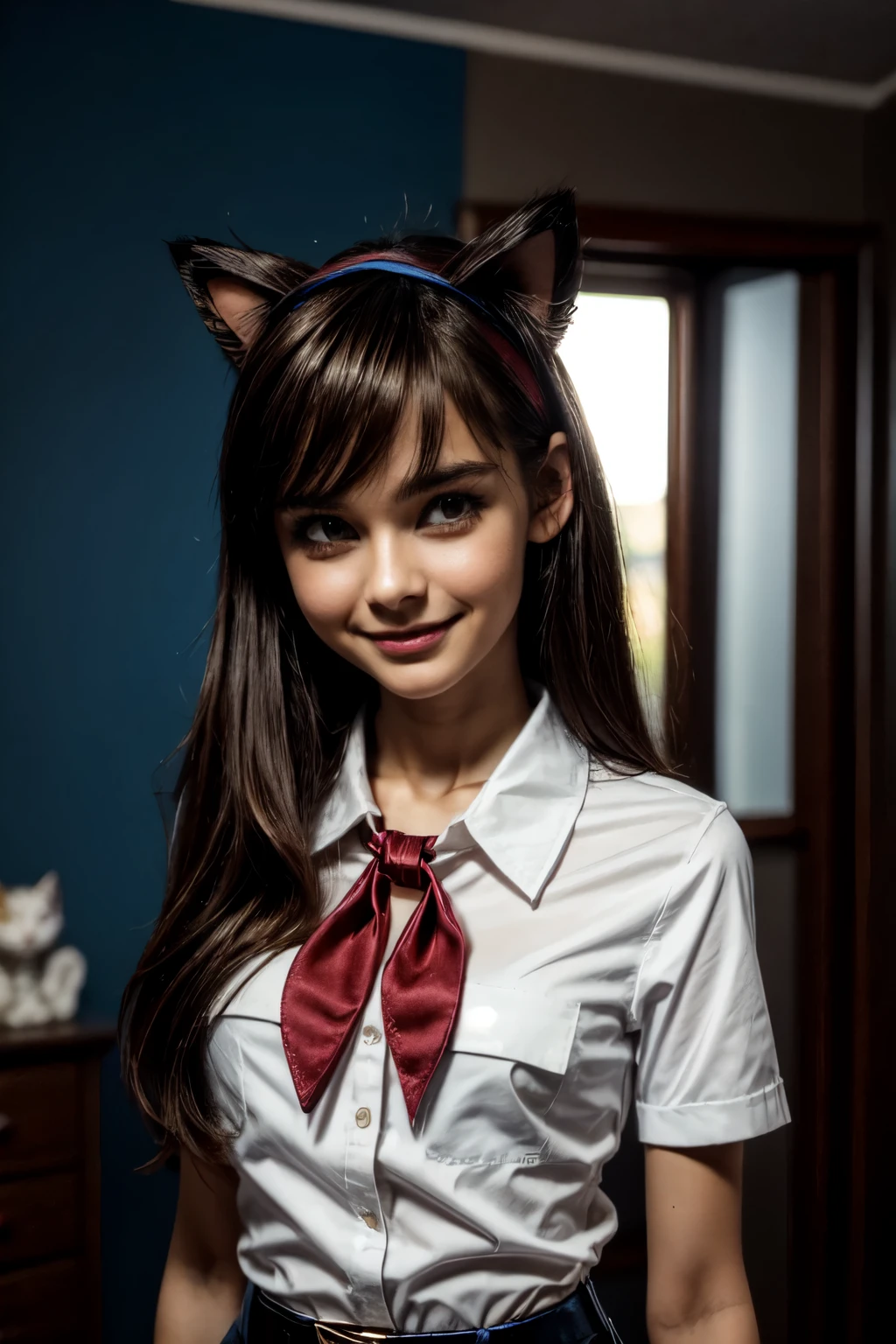 very young slim fit girl, at full height, rounded face, very long disheveled dark brown hair, big brown eyes, shy smile, perfect flat breast, band on head with fake cat ears, parororo, pioneer neckerchief, blue thight microskirt, bangs, shirt, collarbone, white shirt, short sleeves, collared shirt, belt, neckerchief, eyelashes, red neckerchief, breast pocket 