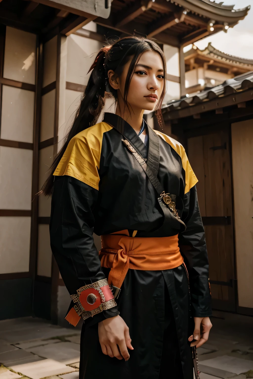 a brightly colored cyberpunk samurai in front of a palace, add more feminine features to the face, and two primordial swords wielded do it looking at the camera