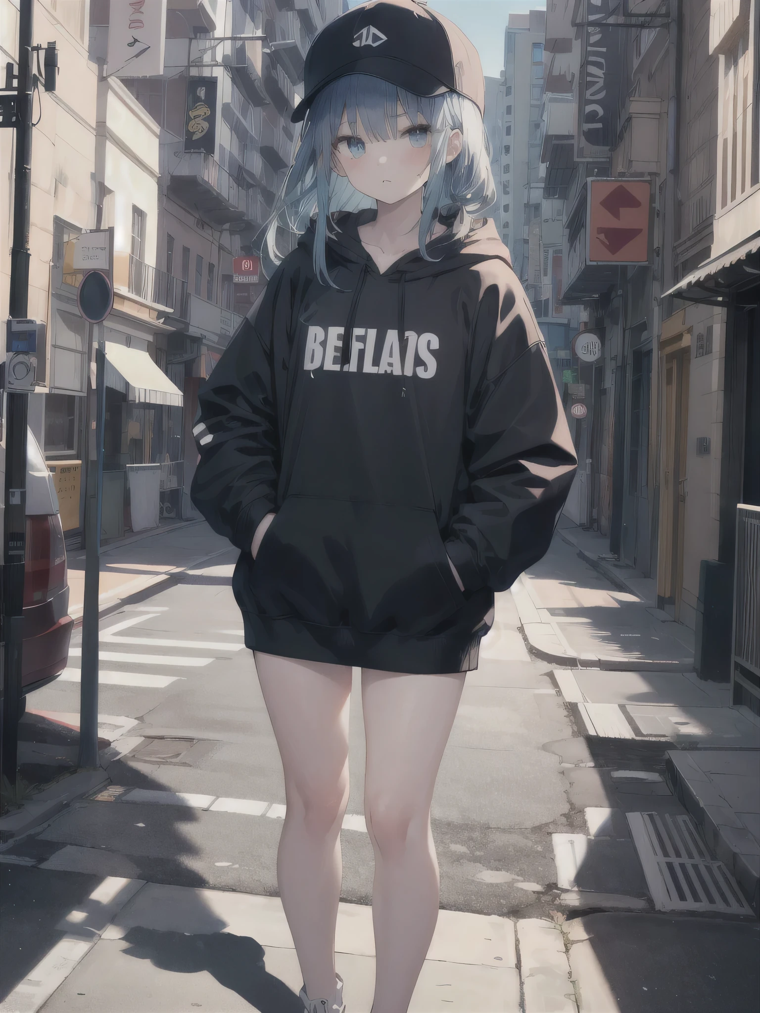 masterpiece,1girl,solo,long hair,blue hair,hoodie, mob cap, street,hand on hip, hand in pocket,looking at the viewer　short height The photo shows everything from the head to the thighs.