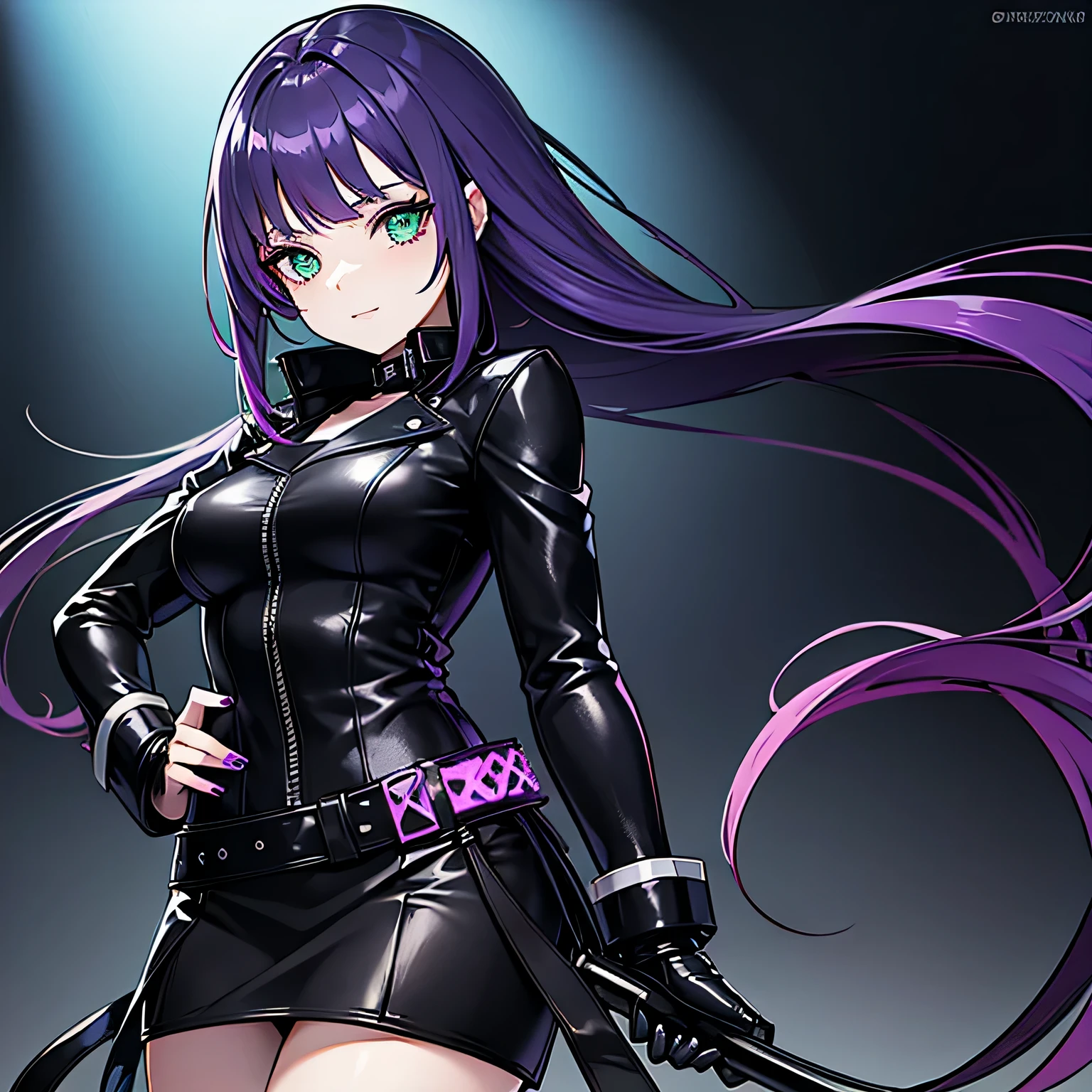 Generate A beautiful lady with long purple hair green eyes wearing a black leather jacket black leather miniskirt 