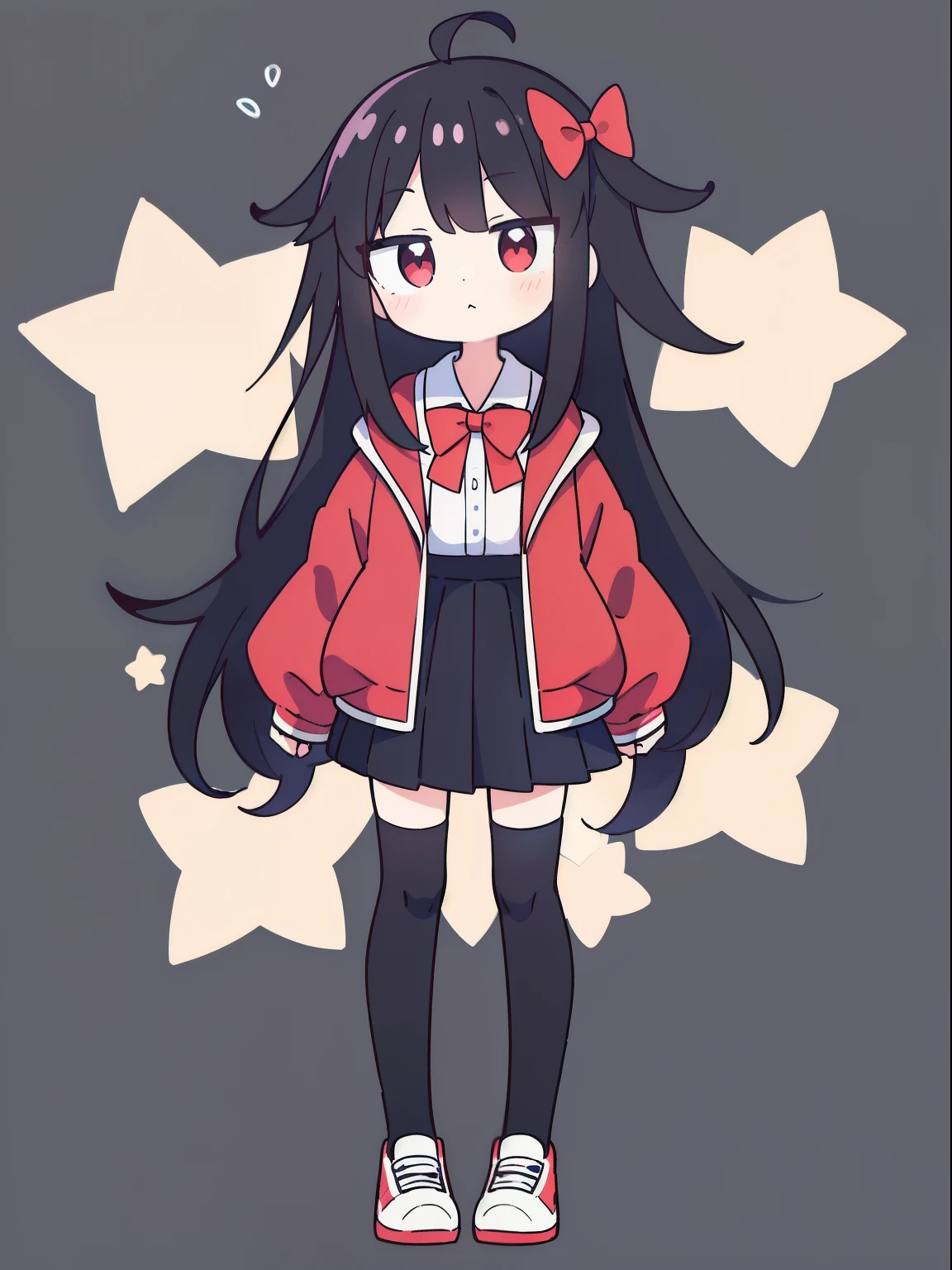highres 1girl ahoge bobby_pin bow bowtie red_eyes collared_shirt dojikko_pose frilled_shirt frilled_shirt_collar frilled_skirt frills hair_bow hair_ornament hairpin hand_on_own_head heart heart_hair_ornament hood hooded_jacket jacket long_hair one_eye_closed pentagram black_hair pleated_skirt shirt shoelaces shoes simple_background standing skirt solo star_(symbol) wariza white_background white_thighhighs, full body