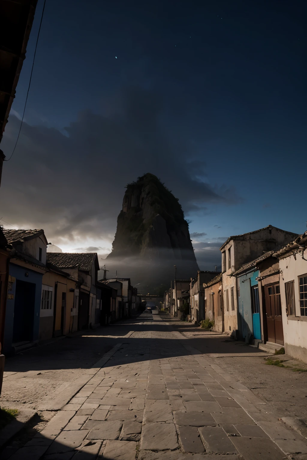 una ciudad oscura y antigua, con muchas casas y edificios