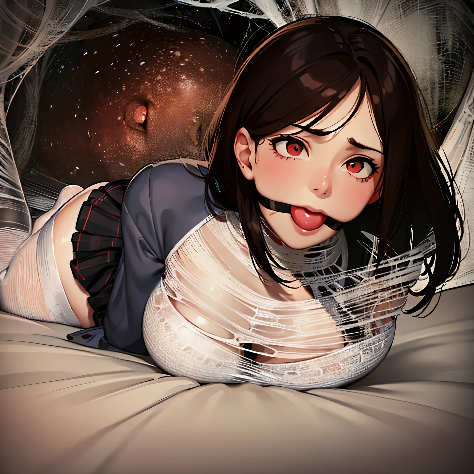 1girl,Spider weaves a net on a girl, very realistic, very detailed,bed,stretched, dark cave, struggle in the net,brown haired, very long sheer skirt,lying down,(ballgag:1.4),red scarf gag,spider web