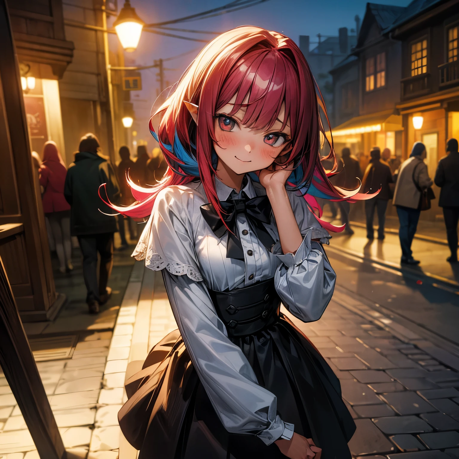 ((Masterpiece)), (Anime:1.3), ((best quality)), (RAW photo:1.2), (High Definition:1.3), (Professional Photography:1.2), (12 years old), (1girl), intricate details, perfect anatomy, perfect face, beautiful hair, beautiful eyes, blush, sweet beautiful, solo, perfect face, cute, (succubus), slightly naughty expressions practice, naughty, embarrassed, forced smile, multicolored hair, colored inner hair, young, tanned, tan, poverty outfit, slender, BREAK, ((best quality)), fantasy world, night, bench, street, colorful,