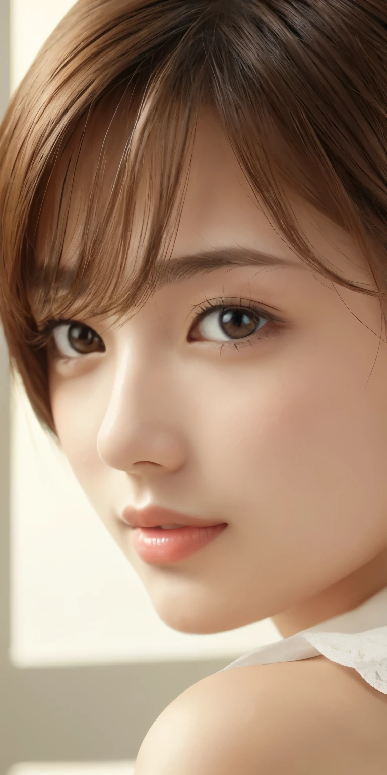 ((Best Quality, 8K, Masterpiece: 1.3)), 1 Girl, Slim Abs Beauty: 1.3, (Hairstyle Brown Hair Shortcut, Big: 1.2), Dress: 1.1, Super Slender Face, Delicate Eyes, Double Eyelids, Smile, Home, Raw Photo