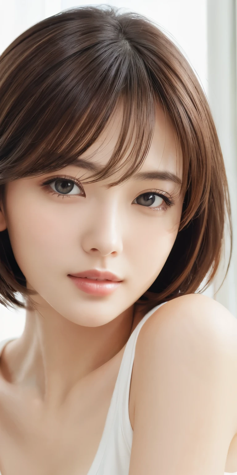 masterpiece、highest quality、High resolution、table top、wallpaper、realistic、bright lighting、professional lighting、face light、smooth lighting、japanese woman、adult、Beautiful woman、action、gravure、sexy、poor、super beautiful、beautiful skin、beautiful and detailed eyes、detailed face、slim、moderately、short hair、brunette colored hair、brown eyes、look at the camera、i have lemon