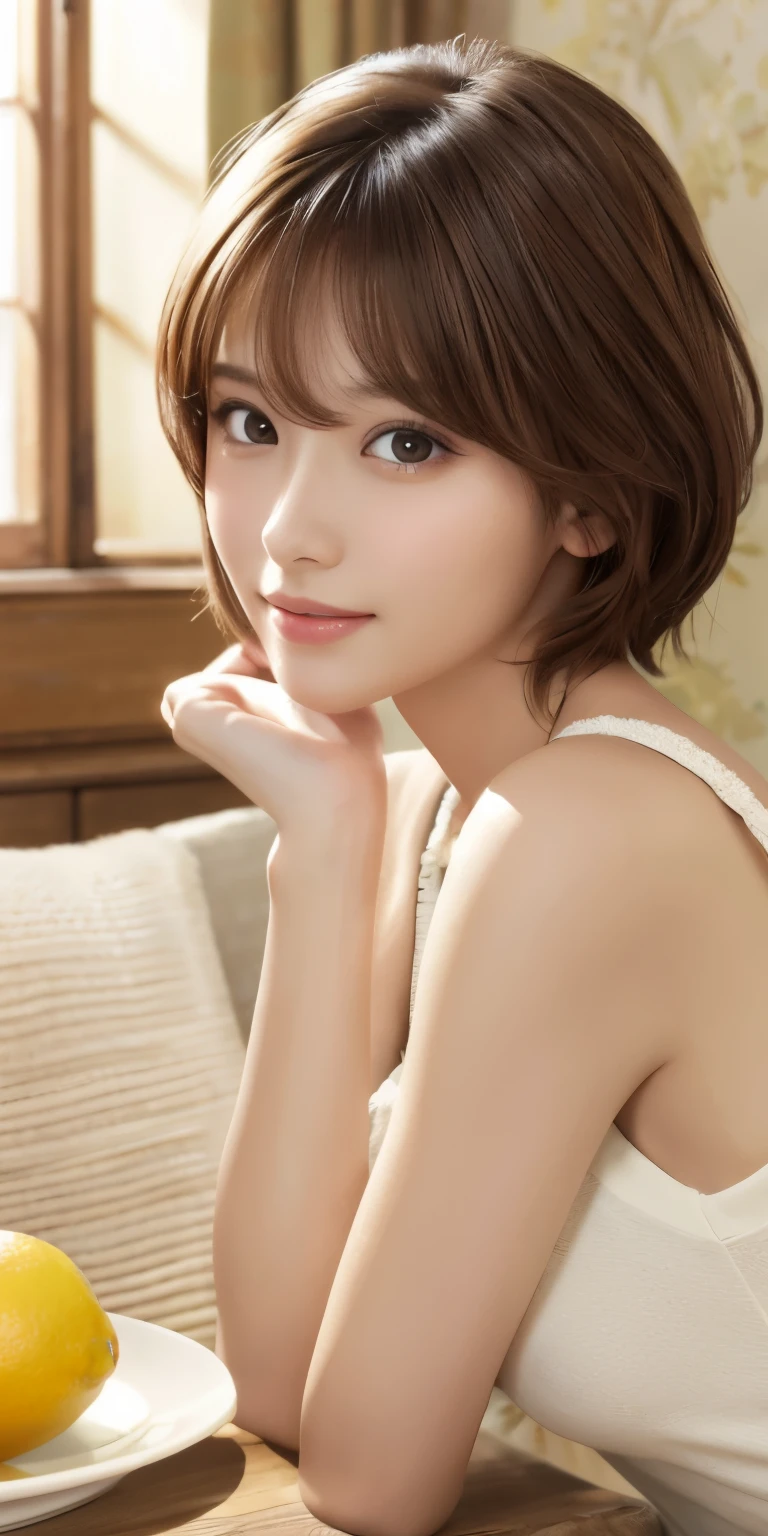 masterpiece、highest quality、High resolution、table top、wallpaper、realistic、bright lighting、professional lighting、face light、smooth lighting、japanese woman、adult、Beautiful woman、action、gravure、sexy、poor、super beautiful、beautiful skin、beautiful and detailed eyes、detailed face、slim、moderately、short hair、brunette colored hair、brown eyes、look at the camera、full nude、white underwear、emphasize the chest、