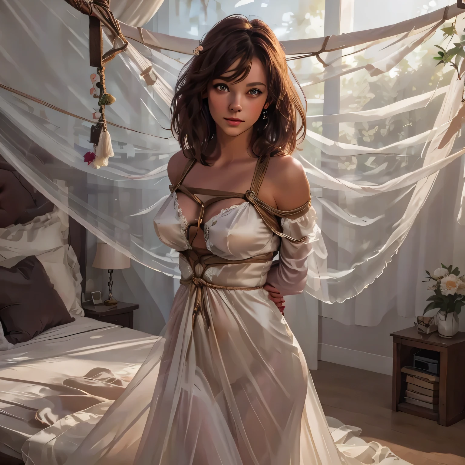 1girl,(bright lighting,romantic setting),dreamy background,,dark hair, mesmerizing gaze, , soft skin, alluring beauty, artistic portrait, high-quality image, vibrant colors,translucent long silk gown, mosquito net, romantic bedroom, sidesuspension,solobound