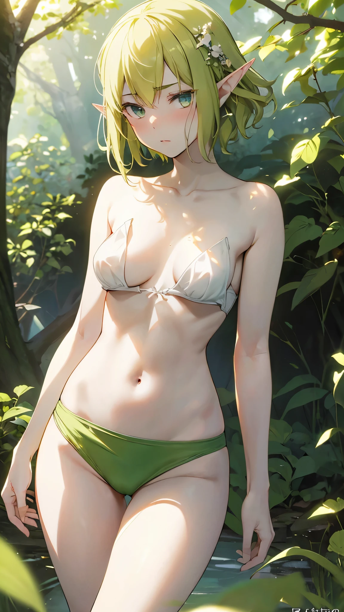  masterpiece, 1 girl,((extremely small breasts))、((very small breasts))、((A-cup size breasts)), high quality, exposed skin,、yellow green short hair、elf、delicate body、slender body、Completely naked、solid and beautiful eyes、grumpy face、(8K)、(wallpaper)、(official)、blush、western bar、spread your arms wide、