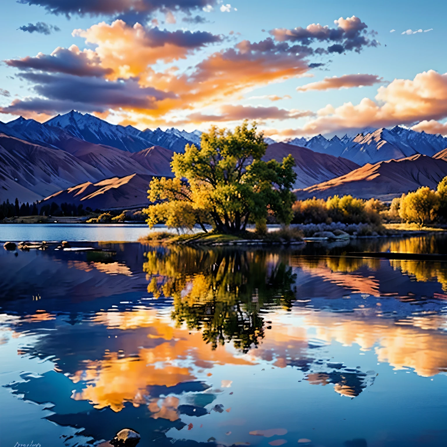 Remarkable landscape of colorful autumn Wanaka Tree reflection on Wanaka Lake with sunrise in the fresh morning, most popular photographed tree in Wanaka, autumn season in South New Zealand. Vivid, painting 