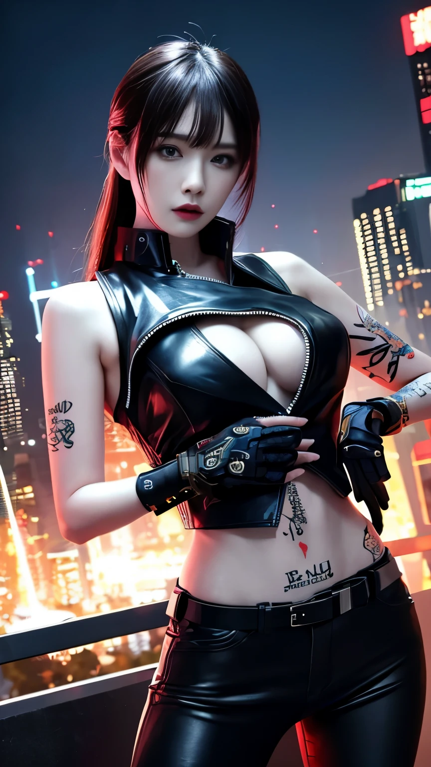 (highest quality)，masterpiece，Super detailed，8K, UHD，Beautiful woman，japanese woman，No expression，whole body，((tattoo))，slim，black leather pants，black leather vest，(female mafia)，gangster，(cyberpunk city)，night，cinematic lightening，underworld