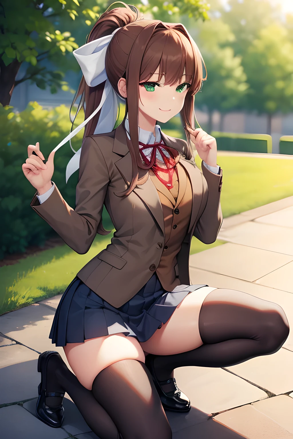 ddlcmonika, ddlcmonika, blunt bangs, brown hair, (green eyes:1.5), long hair, ponytail, ribbon, white ribbon, hair ribbon, sidelocks,
BREAK black thighhighs, blue skirt, brown jacket, jacket, long sleeves, mary janes, over-kneehighs, pleated skirt, , shoes, skirt, thighhighs, zettai ryouiki
BREAK Looking at the viewer smugly with a subtle smirk, conveying pride and mocking superiority,
BREAK in the park, summer
BREAK (masterpiece:1.2), best quality, high resolution, unity 8k wallpaper, (illustration:0.8), (beautiful detailed eyes:1.6), extremely detailed face, perfect lighting, extremely detailed CG, (perfect hands, perfect anatomy),(prideful, happy, smug expression)