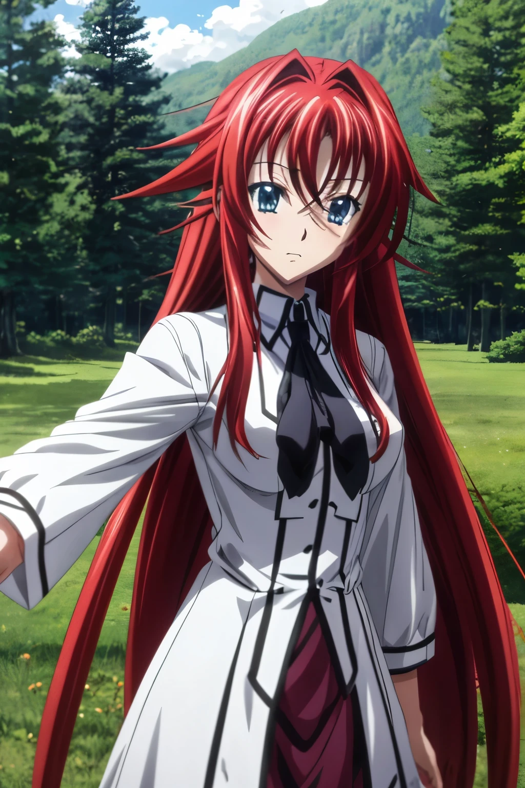 Una mujer con un vestido blanco de pie en un bosque, higurashi, dxd de secundaria, Rias Gremory, chica anime demonio, haibane renmei, ethereal anime, anime girl gothic maiden, daytime ethereal anime, ikki tousen, iwakura yacía, chica anime llamada lucy, in the anime movie, kurisu makise, chica monstruo anime
