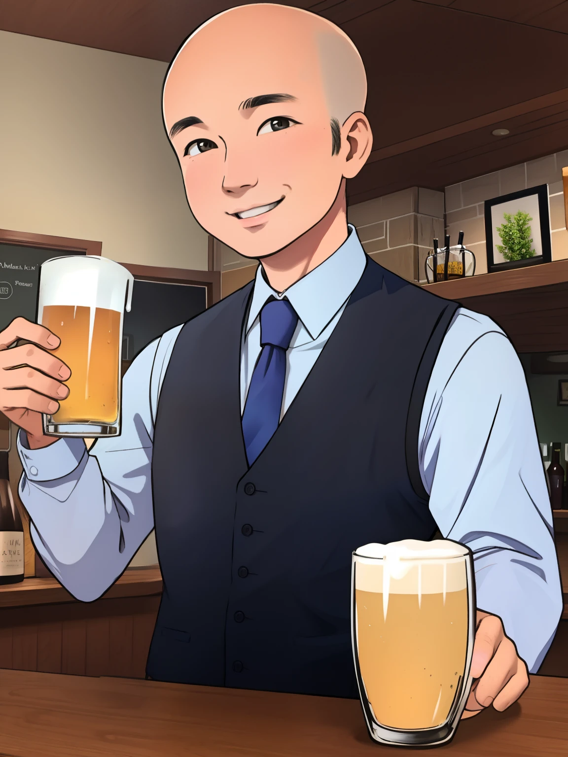 solo, looking at viewer, smile, bald hair, shirt, black hair, long sleeves, 1boy, holding, upper body, male focus, necktie, collared shirt, indoors, vest, cup, table, blue shirt, holding cup, alcohol, drinking glass, mug, realistic, bar \(place\), counter, bartender
