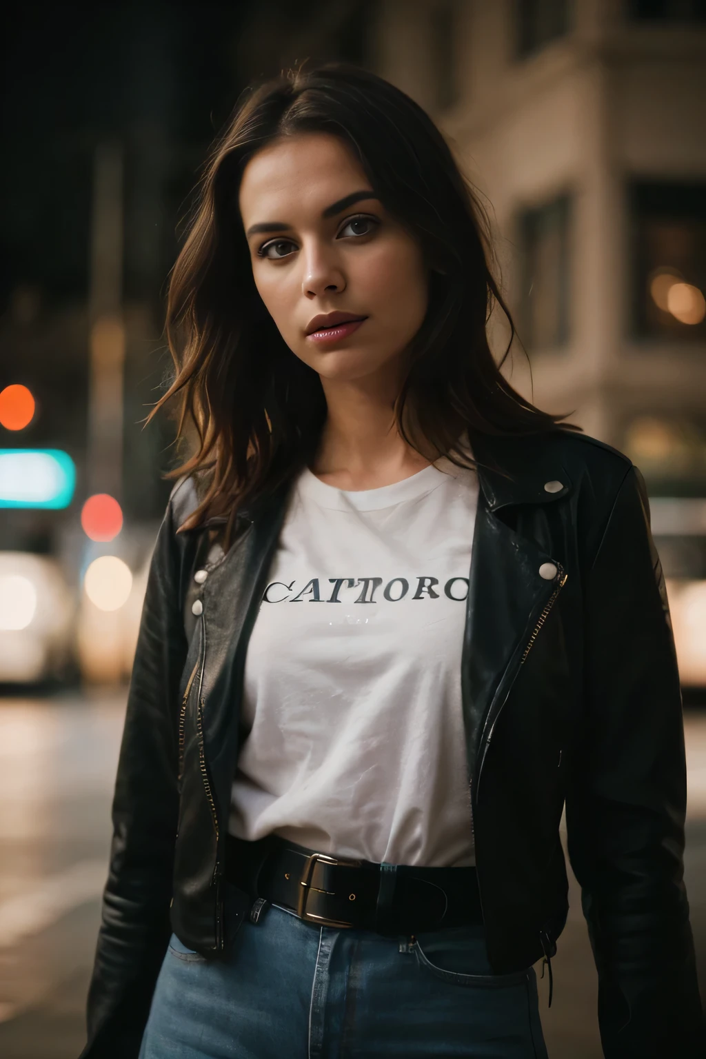 beautiful woman, straight blonde hair, wearing a leather jacket with t-shirt without print, wearing leather belt jeans , (((front view)), (in the city), violet myers, very detailed, 25 years, natural wave hair, blue eyes, high-res, masterpiece, best quality, intricate details, highly detailed, sharp focus, detailed skin, realistic skin texture, texture, detailed eyes, professional, 4k, Canon shooting, 85mm, shallow depth of field, kodak color vision, perfect fit body, extremely detailed, photo_\(ultra\), photorealistic, realistic, post-processing, maximum detail, roughness, real life, ultra realistic, photorealism, photography, 8k uhd, photography (grain of film) medium shot for closeup shot atmospheric dark lighting, distance