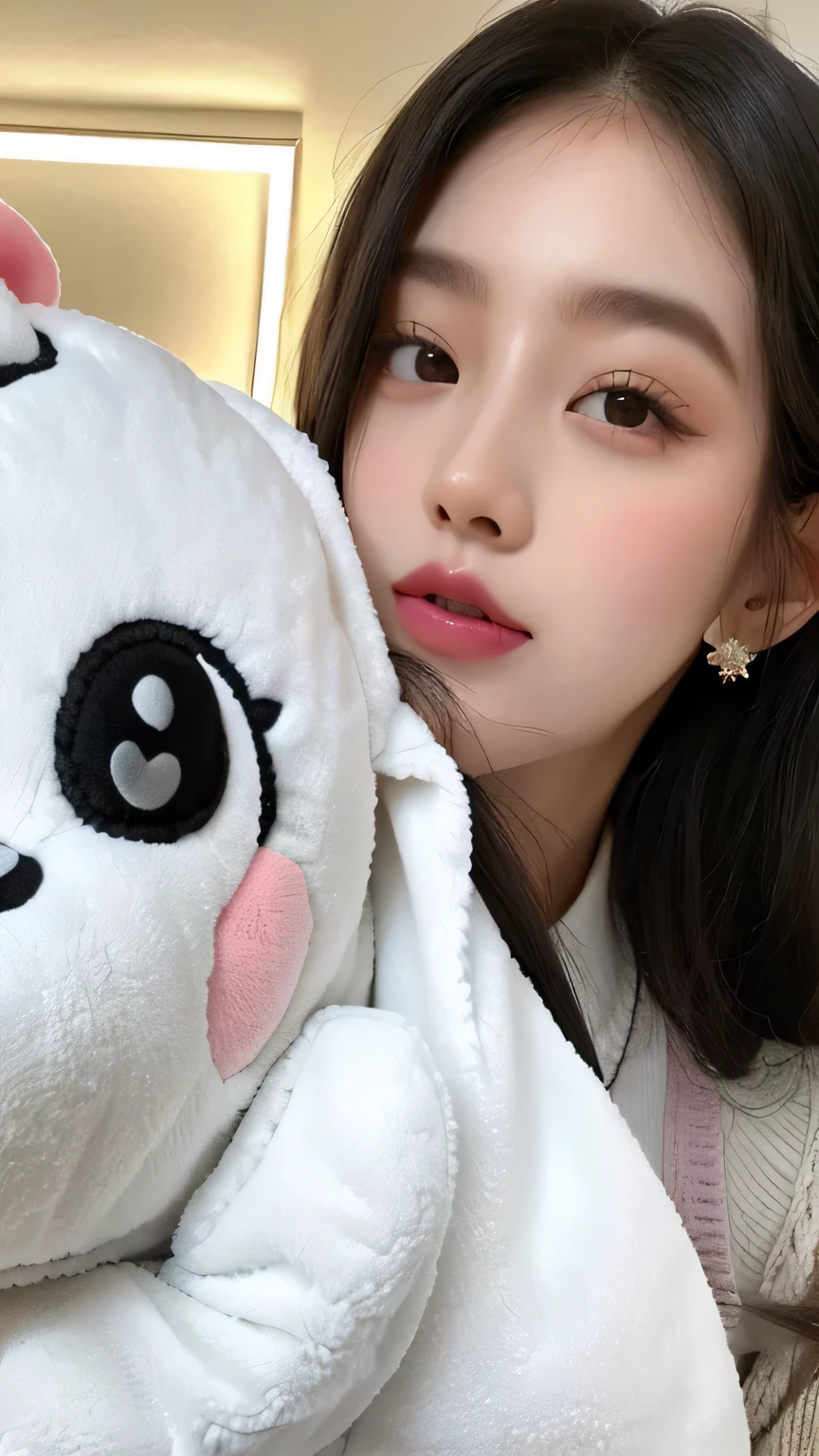araffe con cara blanca y ojos negros sosteniendo un animal de peluche, pale korean adorable face, ella tiene una cara linda, ulzzang, with beautiful loving eyes, ruan cute vtuber, linda chica kawaii, Lalisa Manobal, jossi de blackpink, retrato realista kawaii, ella tiene una linda cara expresiva, Plush doll