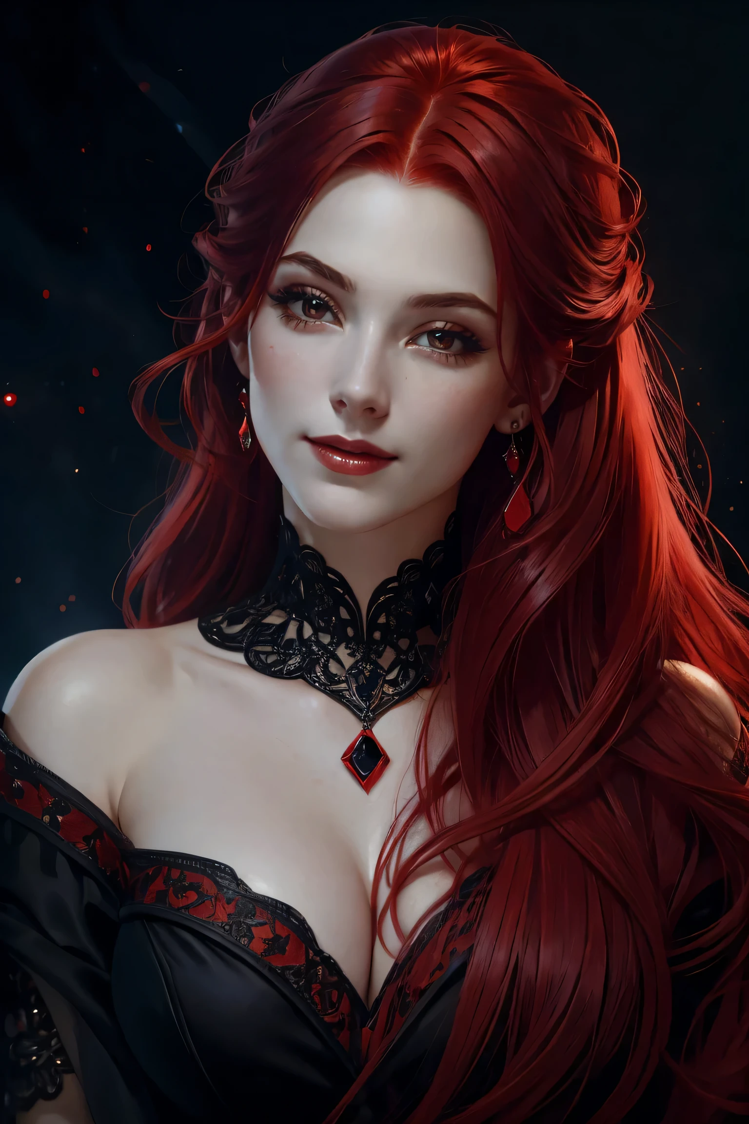 portrait shot, ((vivid red hair)), mature woman, 30 years old, diamond face, moonlight, red starry sky background, depth of field, magic, big red lips, ((dark black eyes)) black and red long and full dress, covered chest, mystical atmosphere, ominous shadows, Intense blue aura, Intense red aura (best quality:1.2), absurdres, intricate details, (highly detailed skin:1.2), smile expression, posing, taut and well defined body, attractive. Highly realistic, pale skin, beautiful, hyperrealism, skin very elaborated, direct gaze
