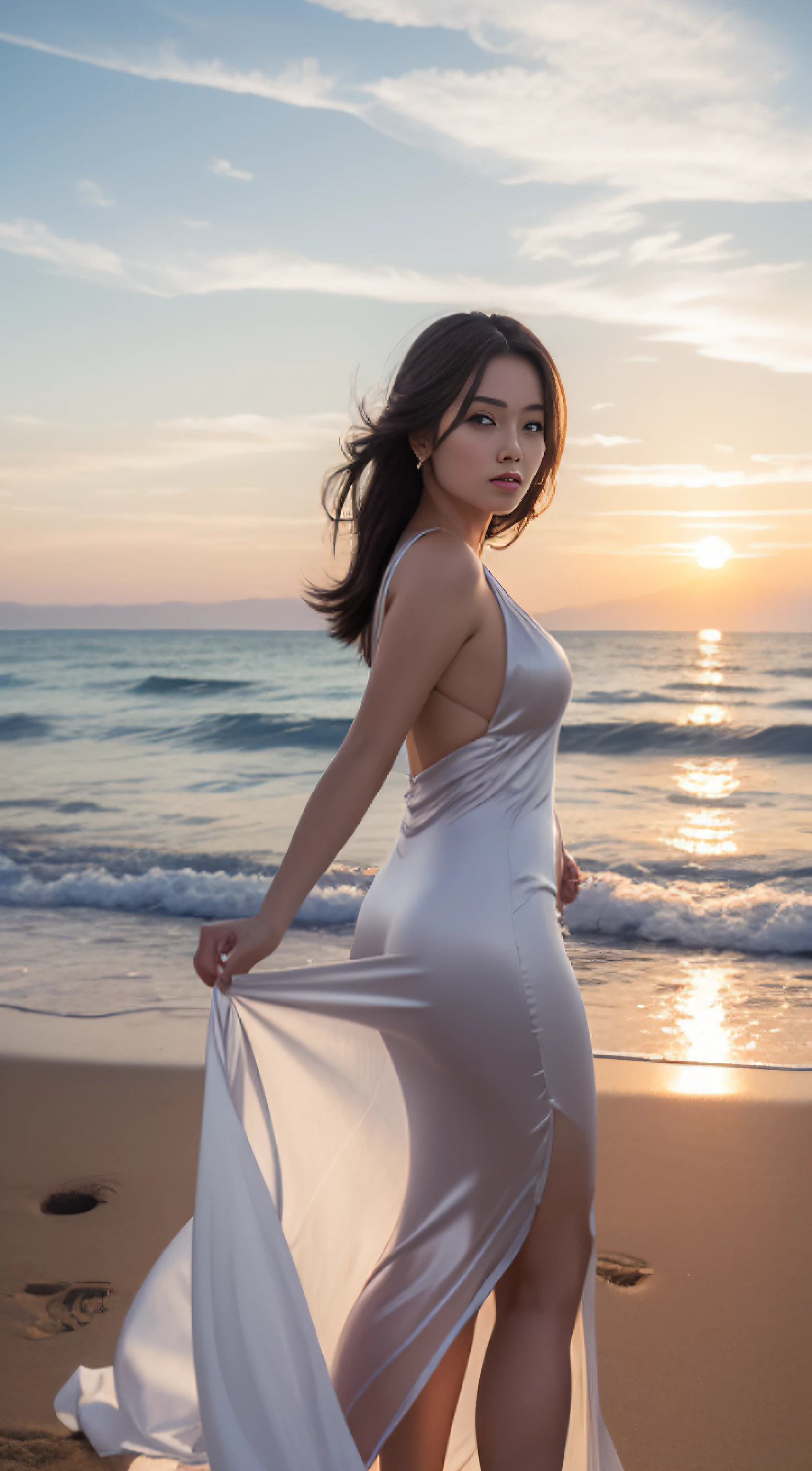 beautiful Japan woman、Glamour silky curved woman in silk dress on beach at sunset, Detalhe de roupa requintado, High-definition format,fotografia hiper realista, altamente detalhado, Detailed hairs, pele detalhada, Olhos detalhados, Telha expressiva,