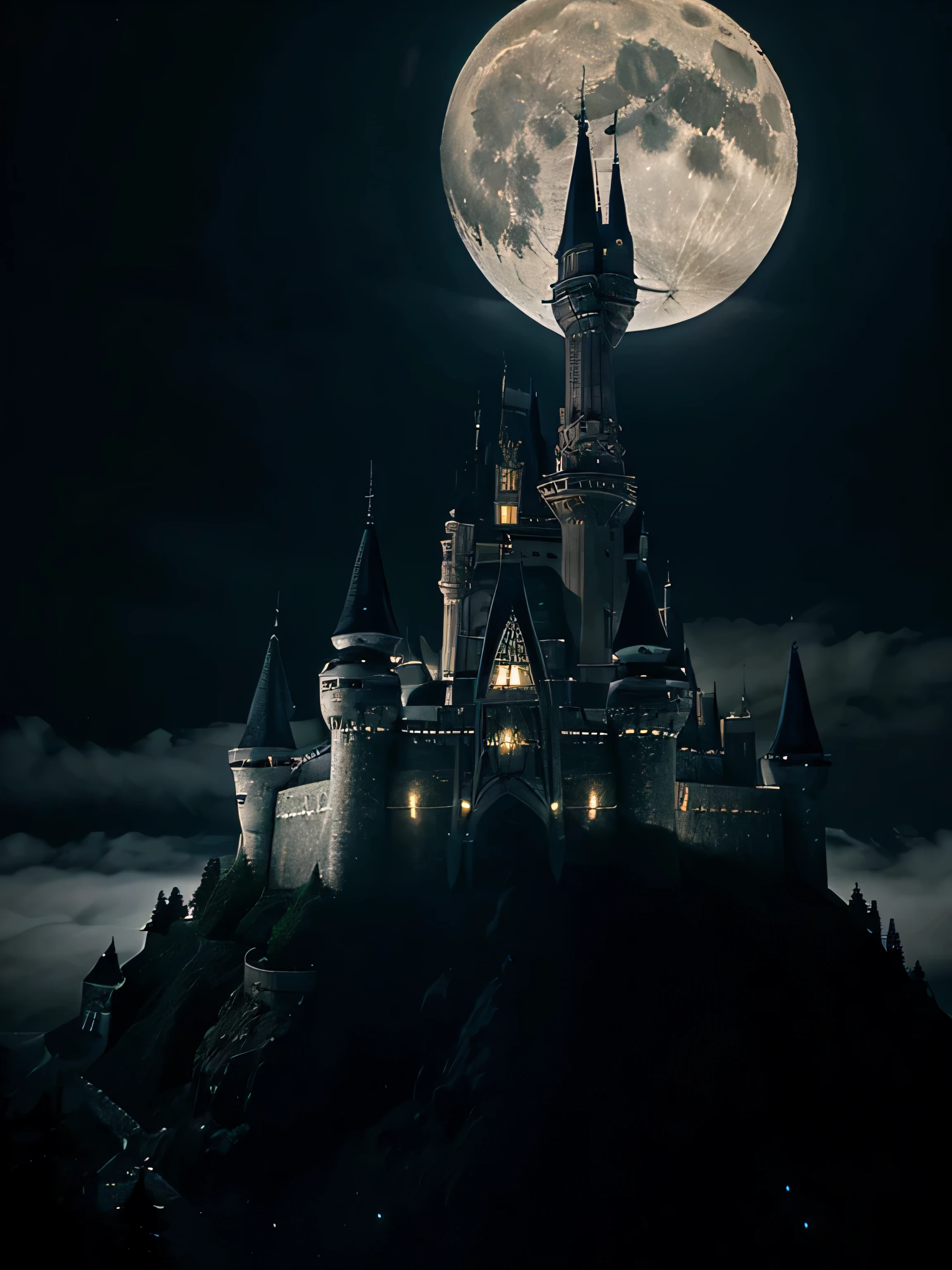 castle inspired by Underworld, luminous night, large moon, misty