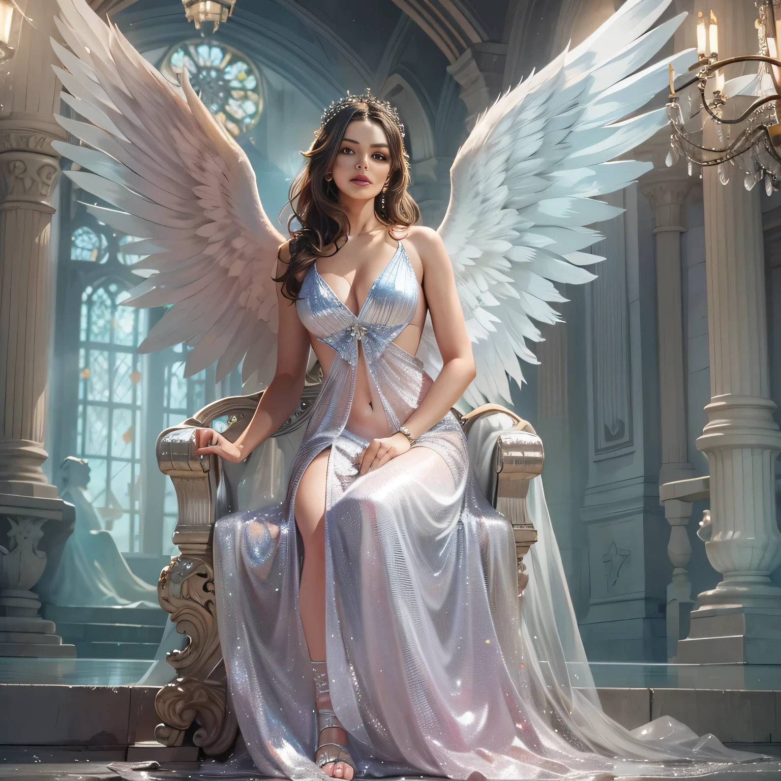 (angel wings,woman:1.1,beautiful:1.1,translucent satin dress:1.2,very long:1.1) [sitting on a throne], (best quality,4k,8k,highres,masterpiece:1.2), ultra-detailed, (realistic,photorealistic,photo-realistic:1.37), [vivid colors], [soft lighting]
